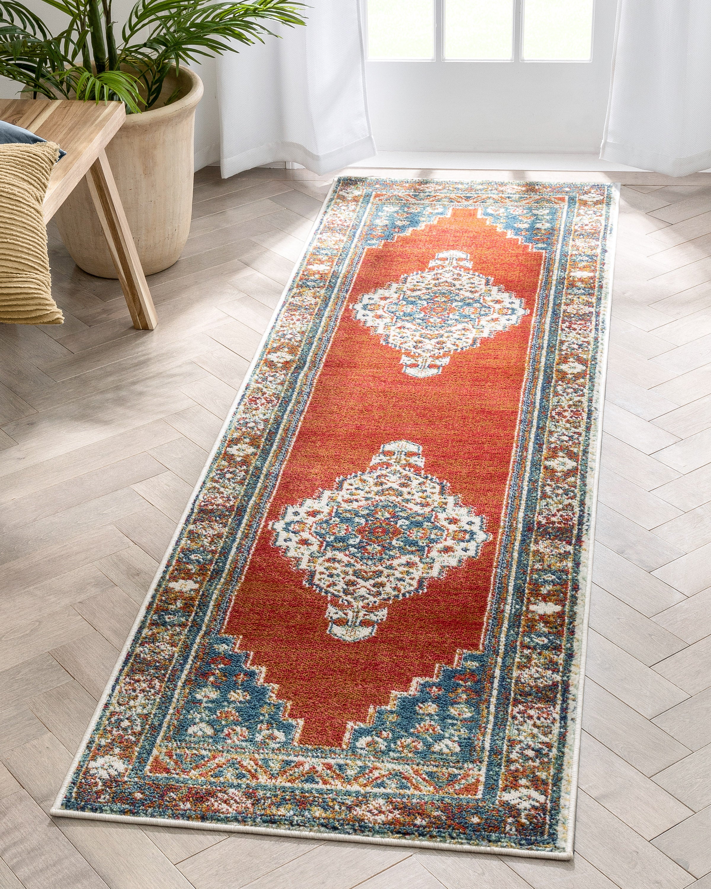 Ucon Teppich im Used-Look mit s&uuml;dwestlichem Medaillonmuster in Blau und Rot