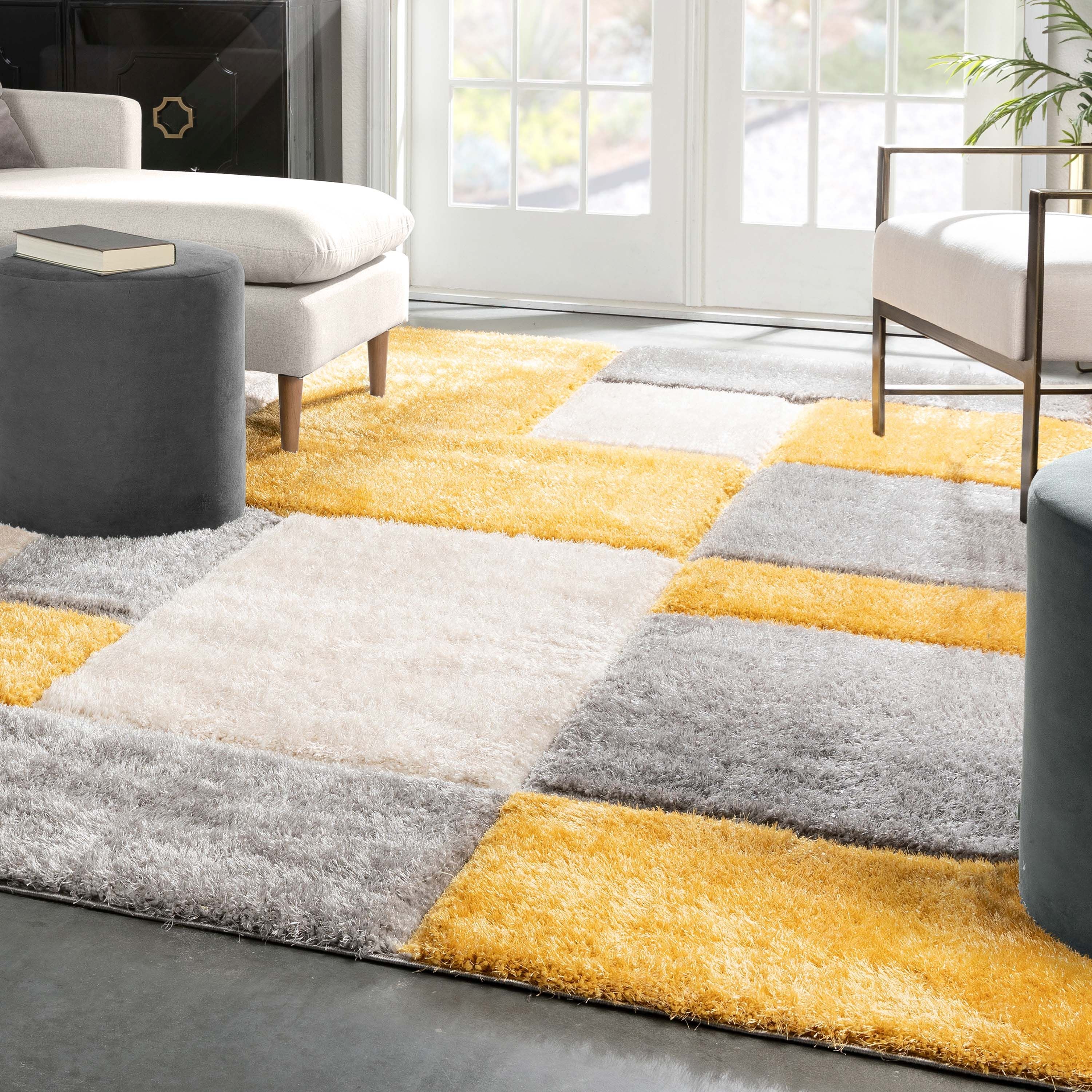 Escondido Gelber moderner geometrischer 3D-strukturierter Shag-Teppich von Chill Rugs