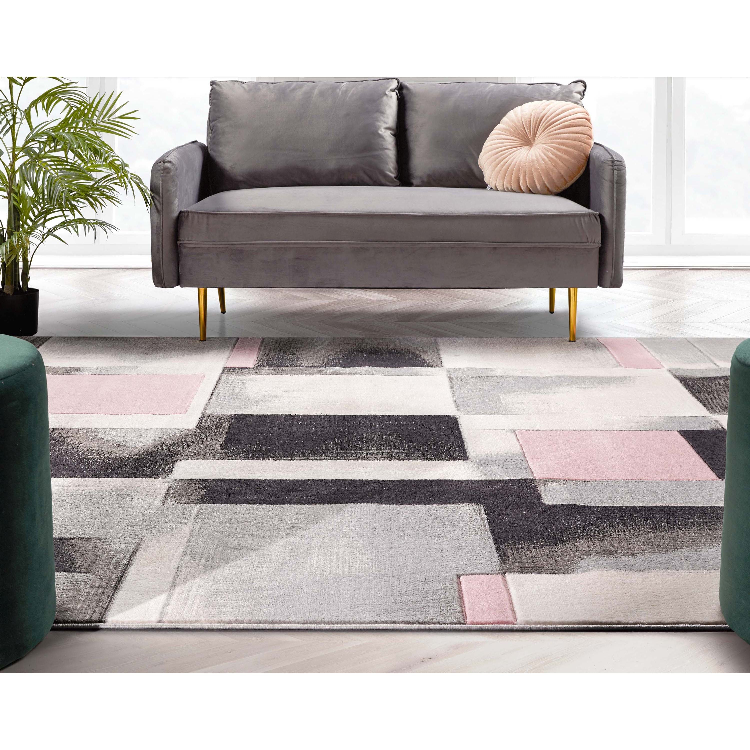 Louisa Blush Pink Moderner Teppich mit geometrischen Boxen und 3D-Struktur