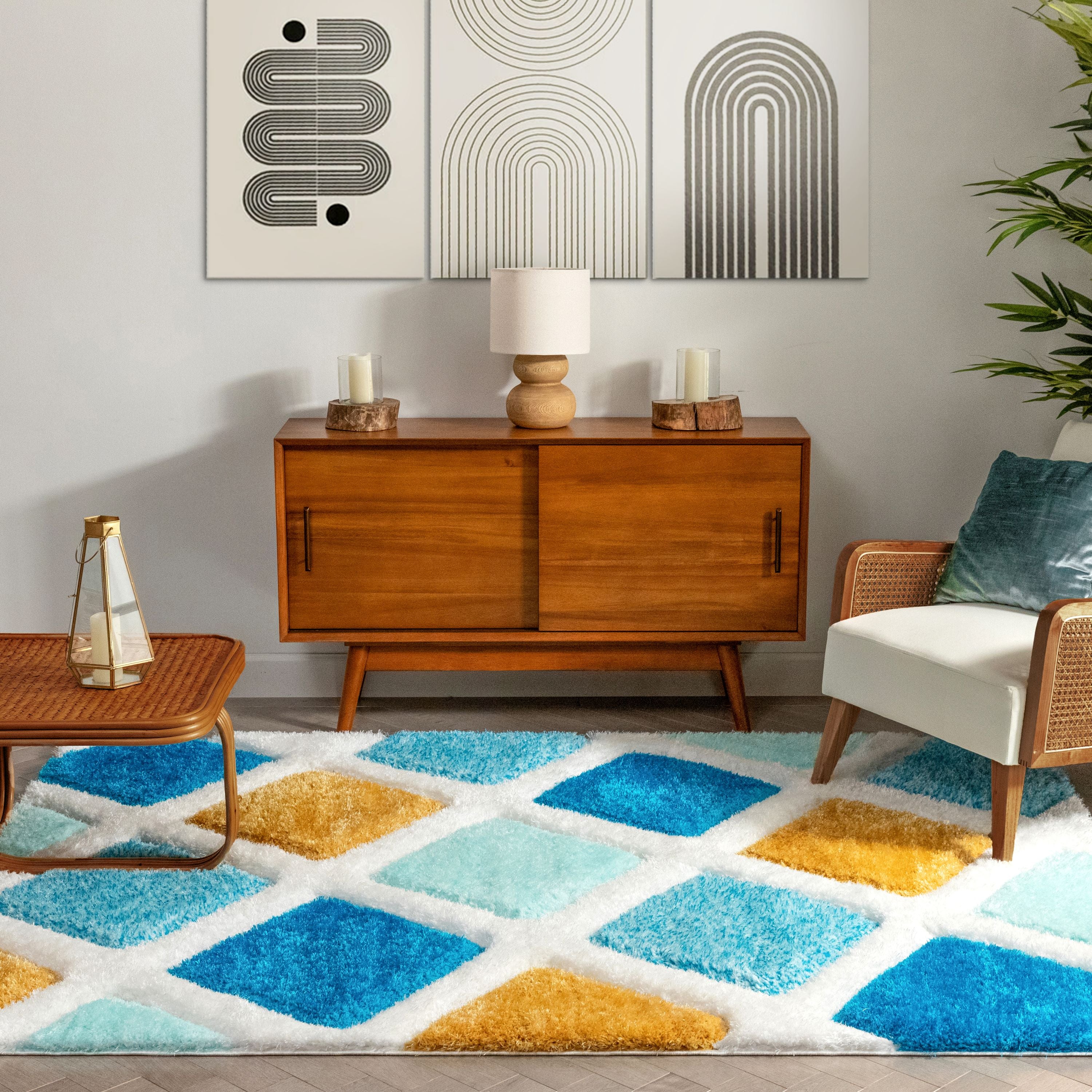 Posh Blue Moderner geometrischer 3D-strukturierter Shag-Teppich