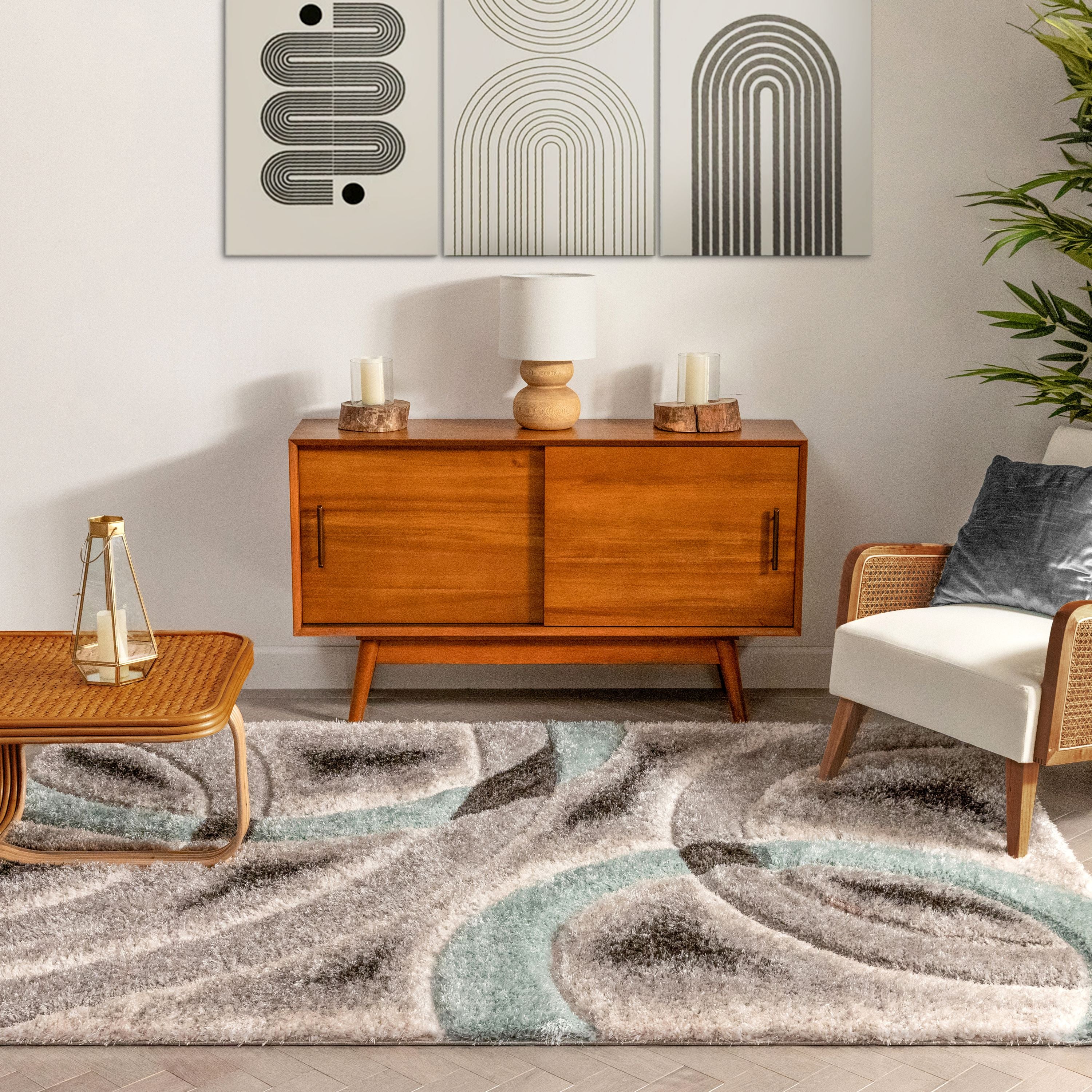 Oahu Blue Moderner geometrischer 3D-strukturierter Shag-Teppich