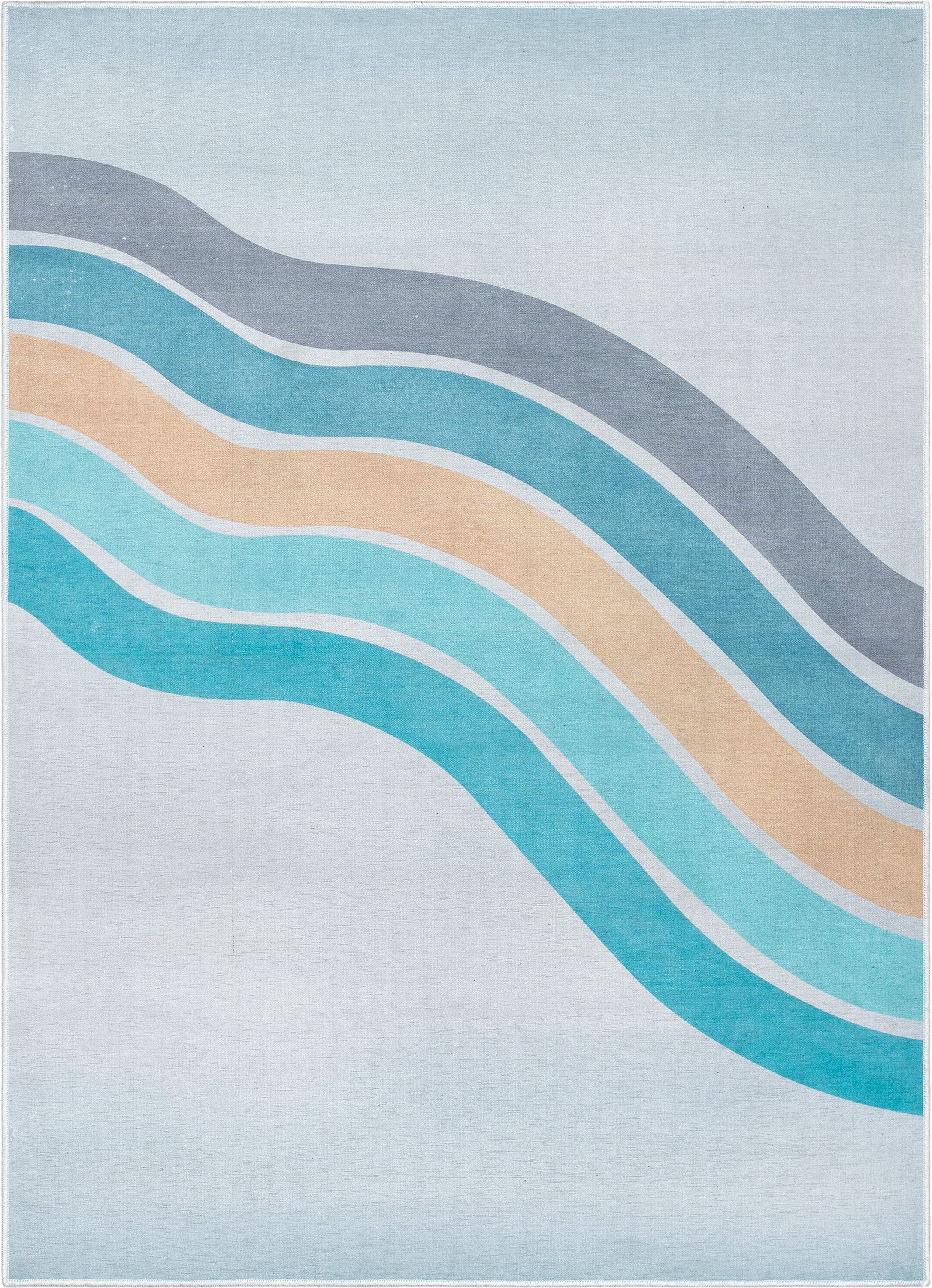 Geschwungener, moderner, mehrfarbiger, blauer Regenbogen-Flachgewebe-Teppich
