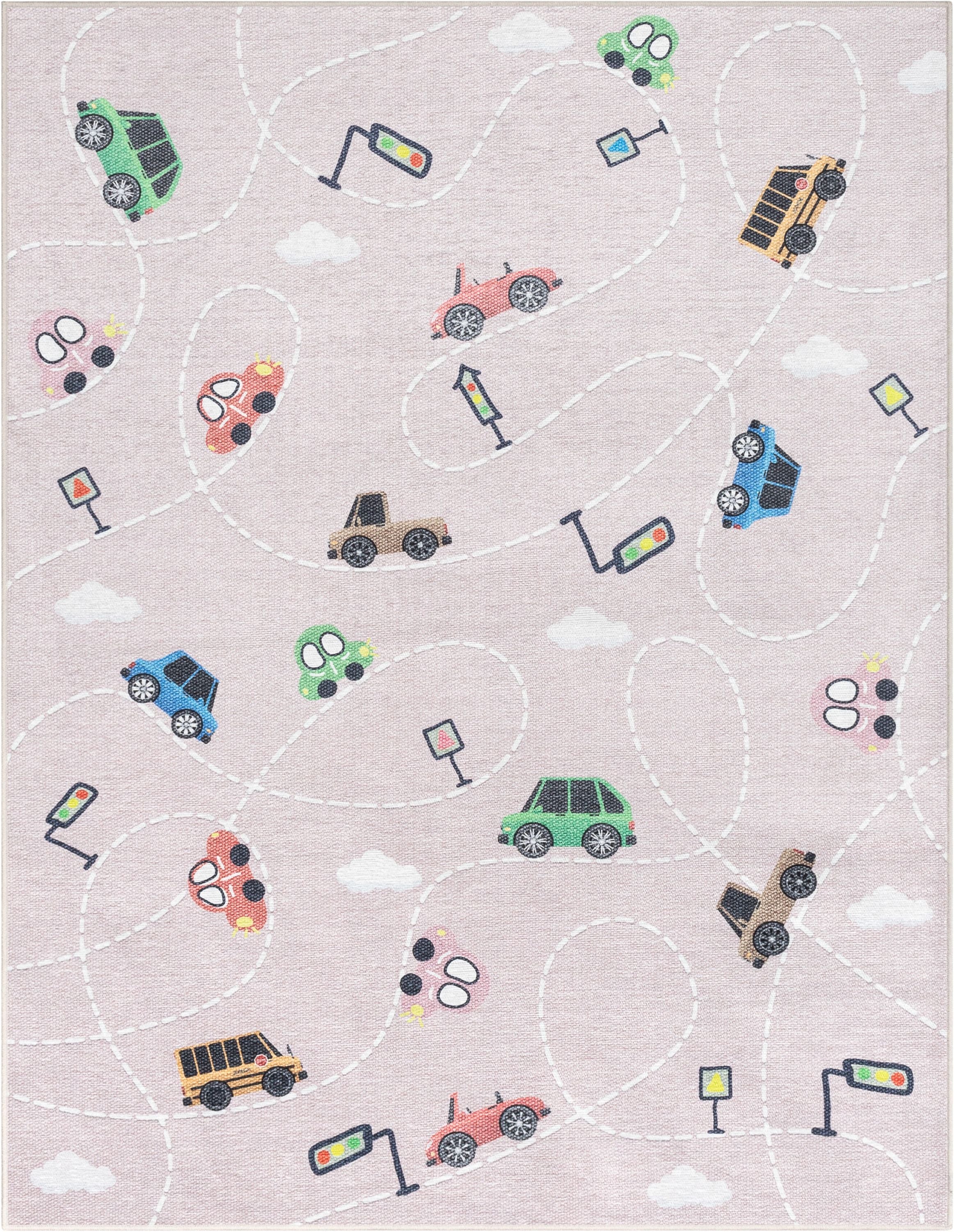Moderner, flach gewebter Kinderteppich &bdquo;Traffic&ldquo; in Rosa