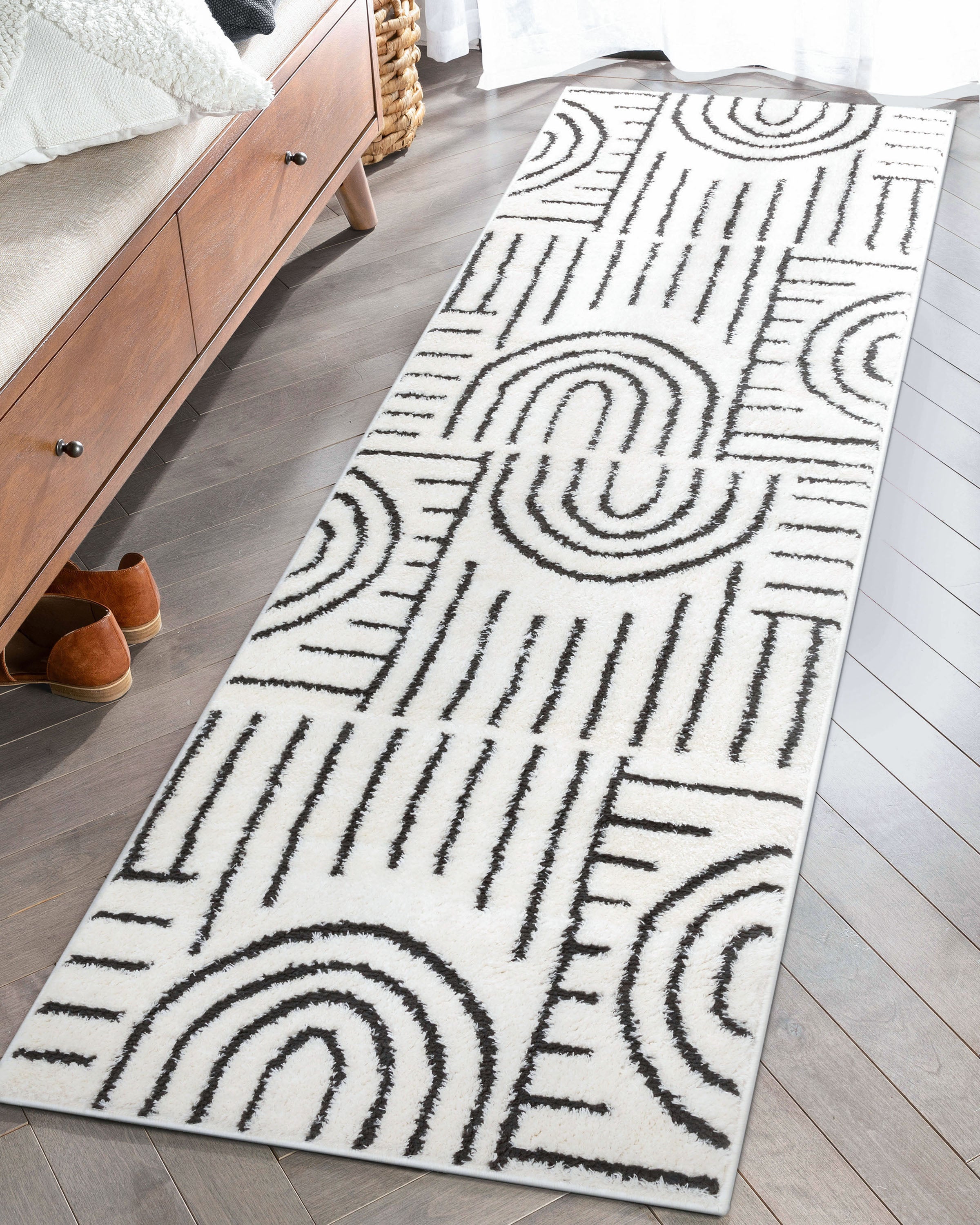 Boho Rainbow Shag Hoch-Tief-Teppich, geometrisch, elfenbeinfarben, schwarz