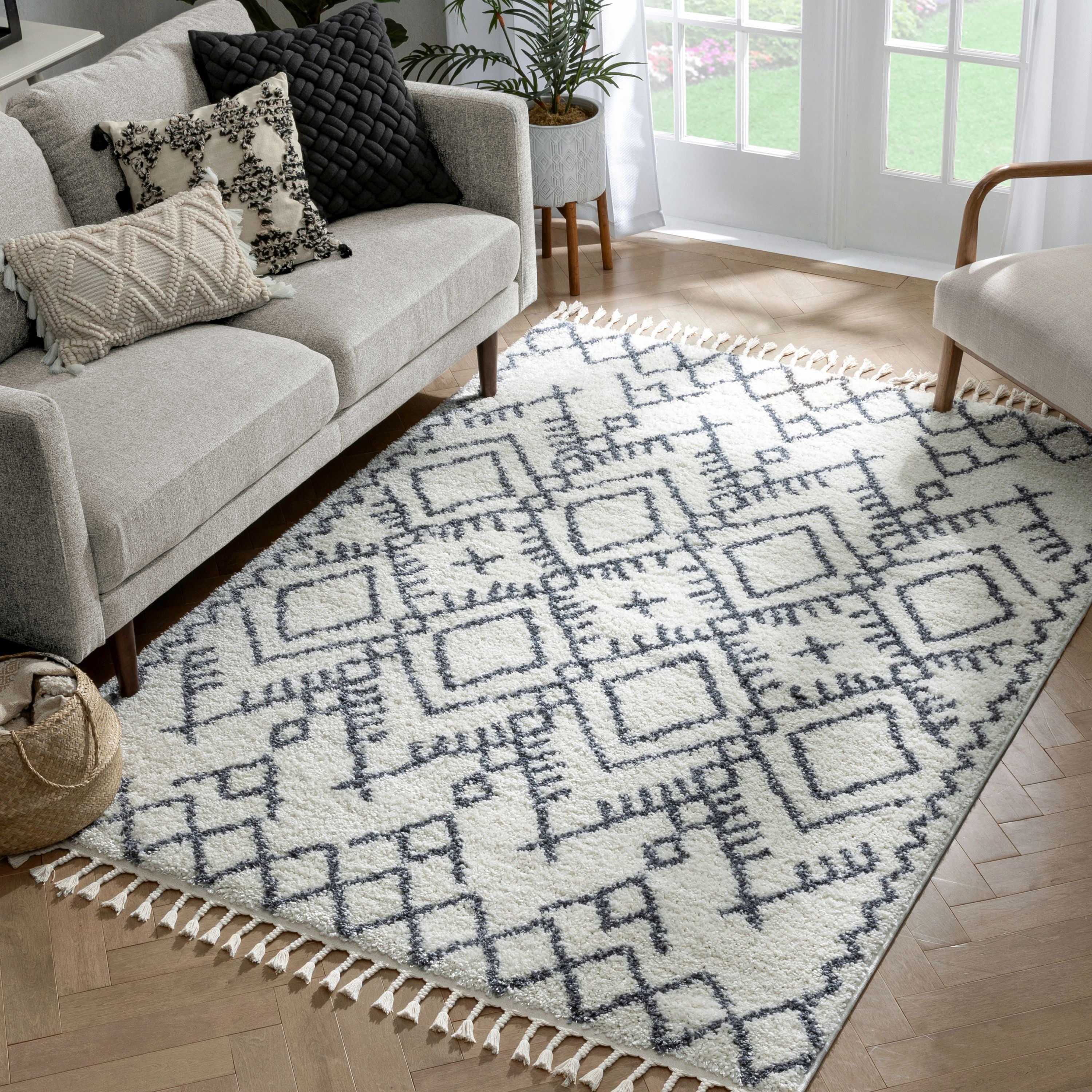 Chantico marokkanischer Shag-Teppich mit Gittermuster in Grau