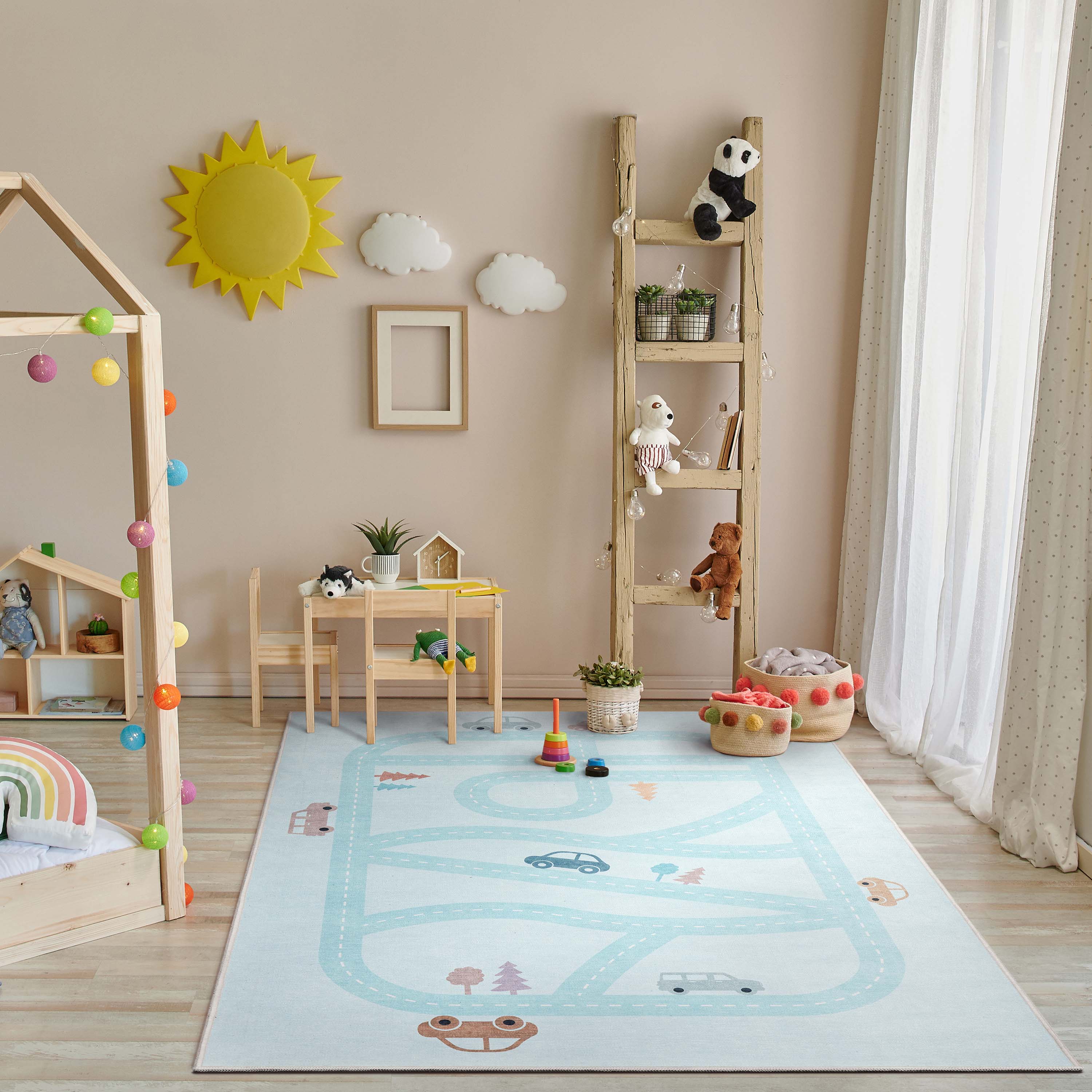 Moderner Flachgewebe-Teppich Playful Roads in Blau