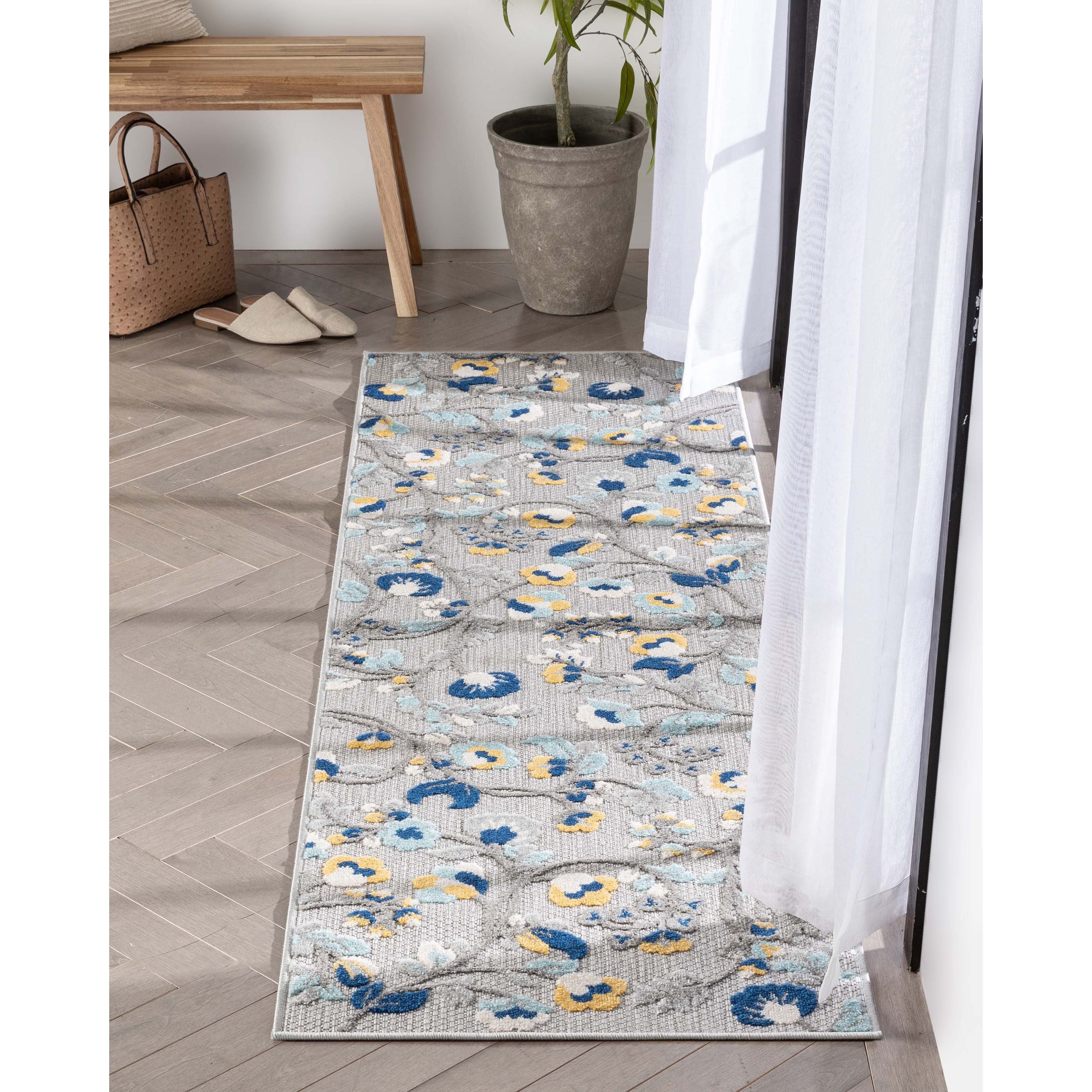 Neveh Grauer moderner Teppich mit Blumenmuster f&uuml;r drinnen und drau&szlig;en