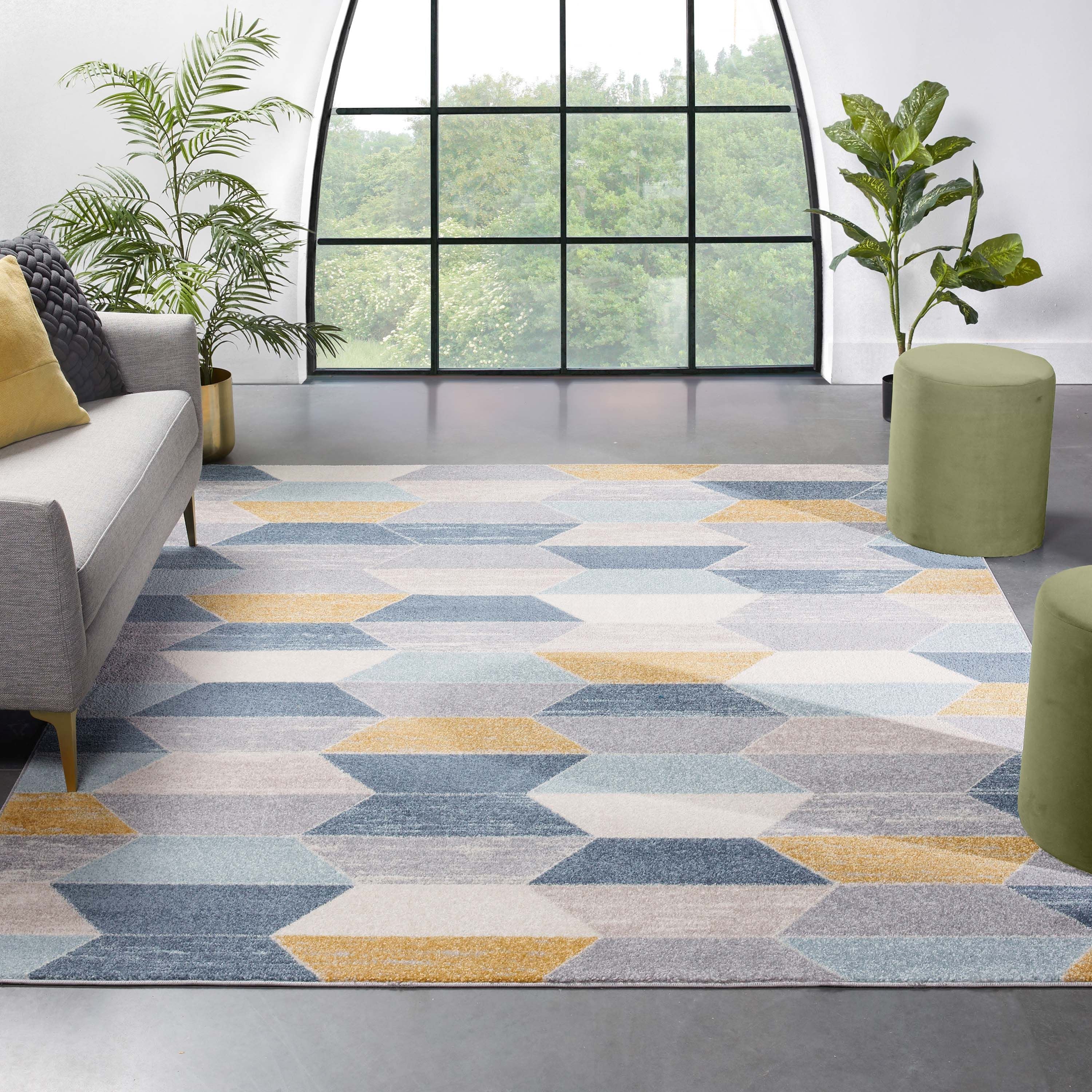 Moderner geometrischer Maddox-Teppich in Blau