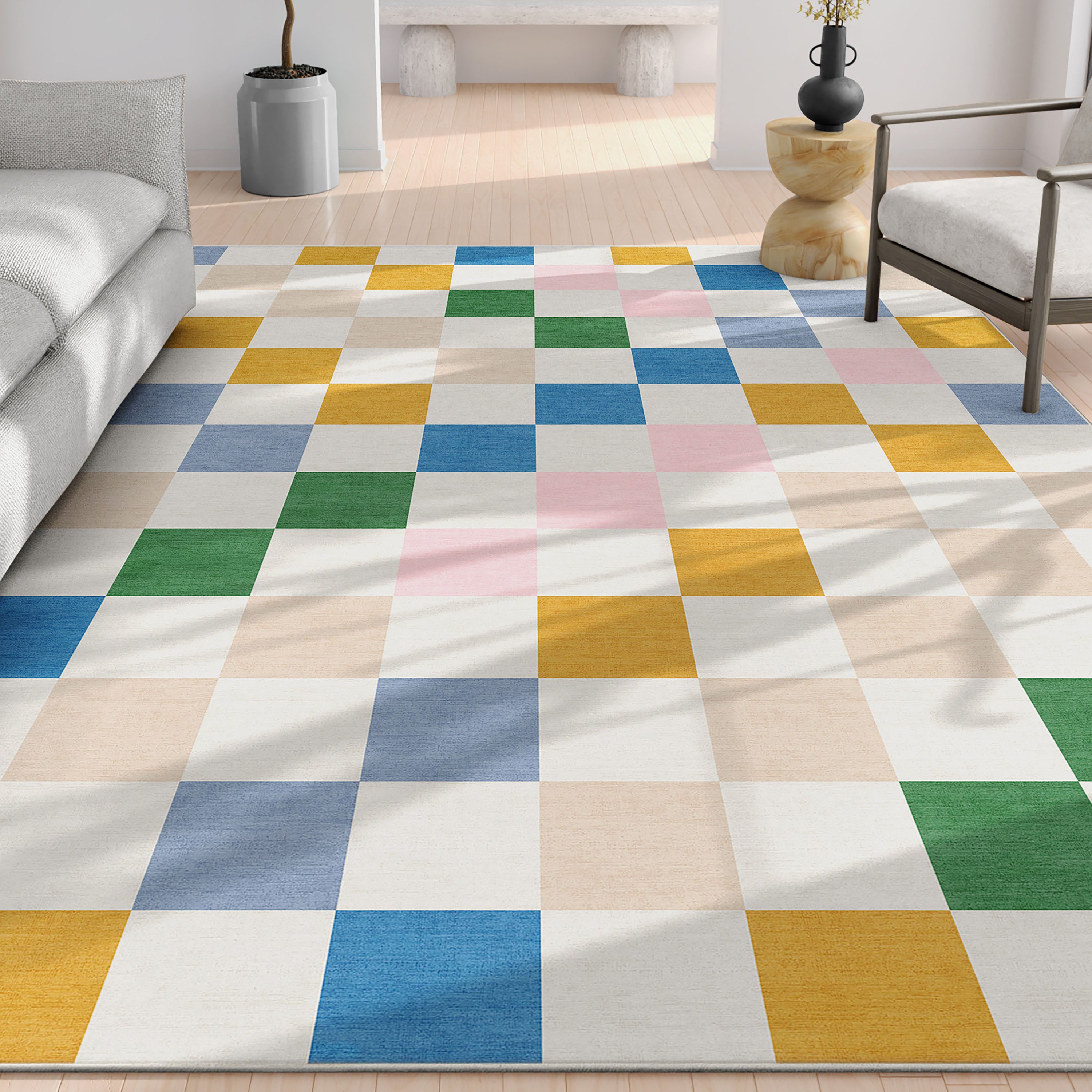 Mehrfarbiger Squares-Karoteppich mit blauen, gelben, grünen und rosa Quadraten