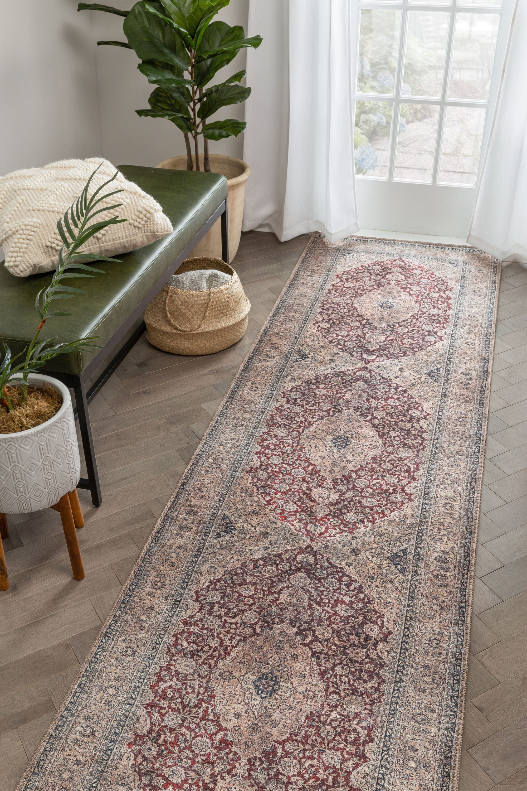 Tonti Maschinenwaschbarer Vintage-Medaillon-Teppich in orientalischem Rot mit flachem Webmuster im Used-Look