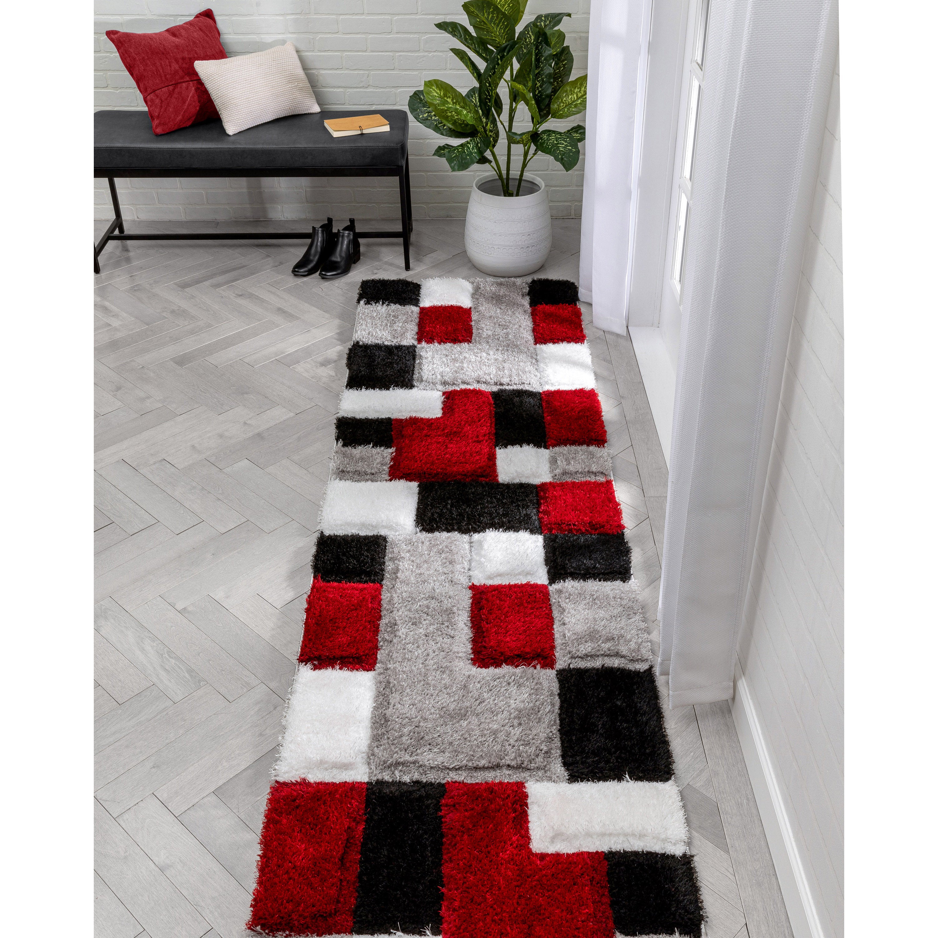 Escondido Roter moderner geometrischer 3D-strukturierter Shag-Teppich