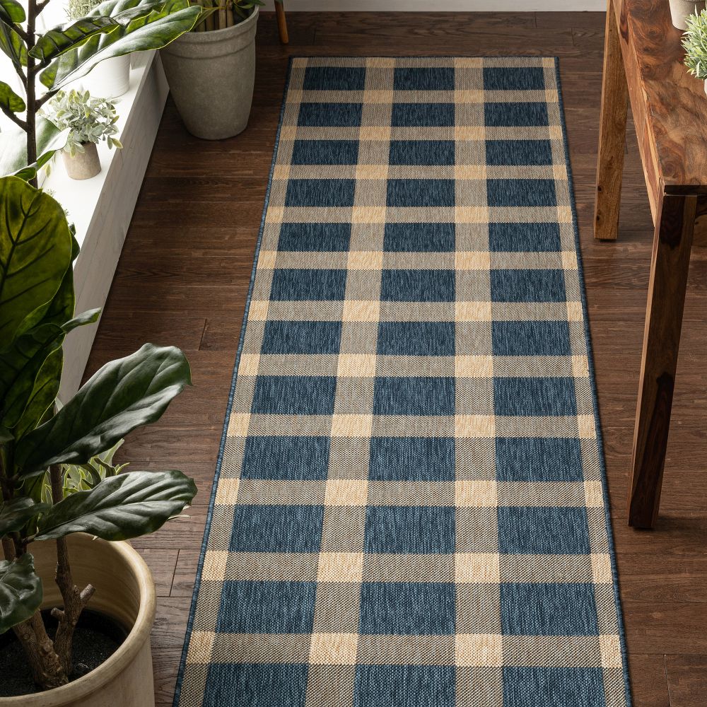 Freya Plaid Indoor Outdoor Blauer Flachgewebe-Teppich