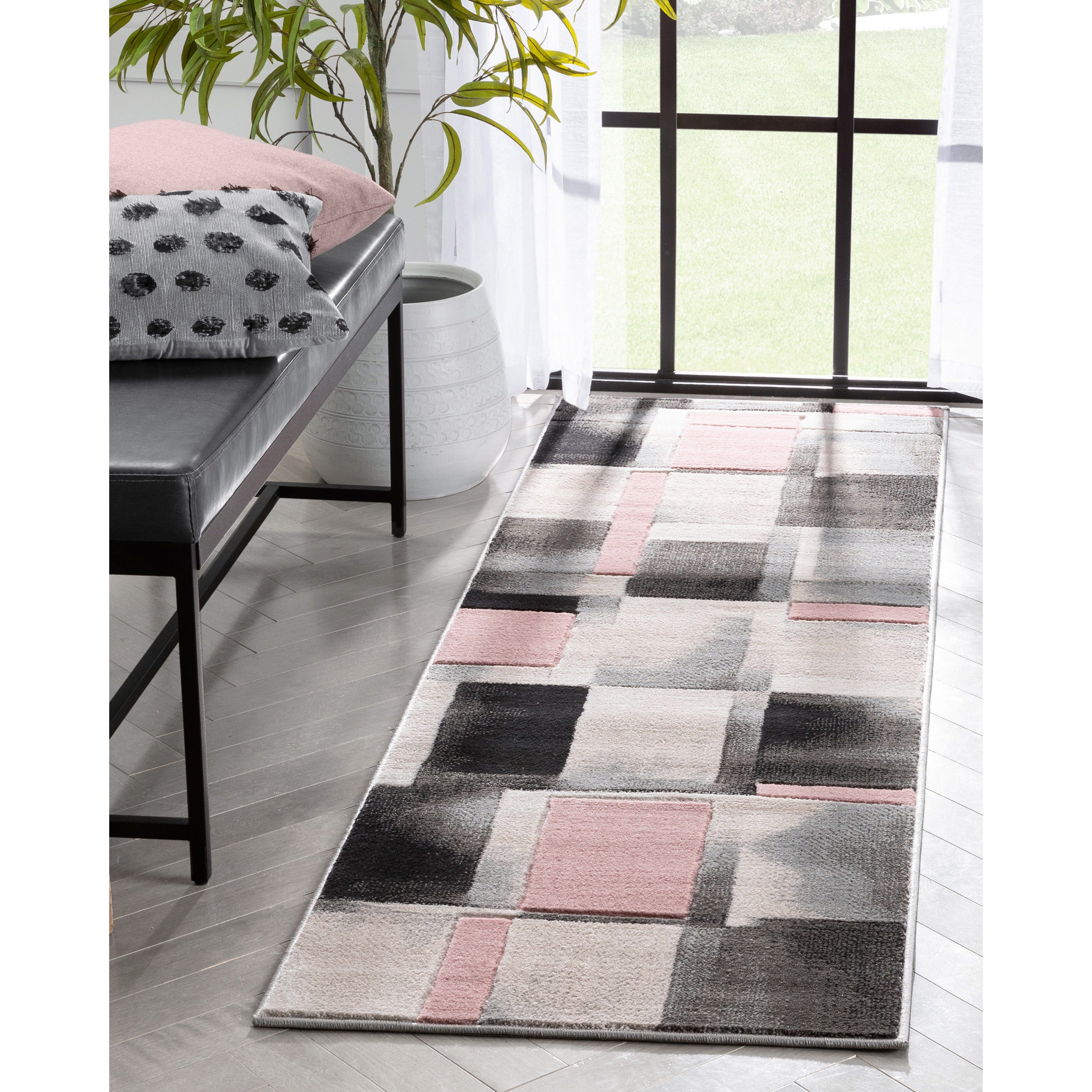 Louisa Blush Pink Moderner Teppich mit geometrischen Boxen und 3D-Struktur