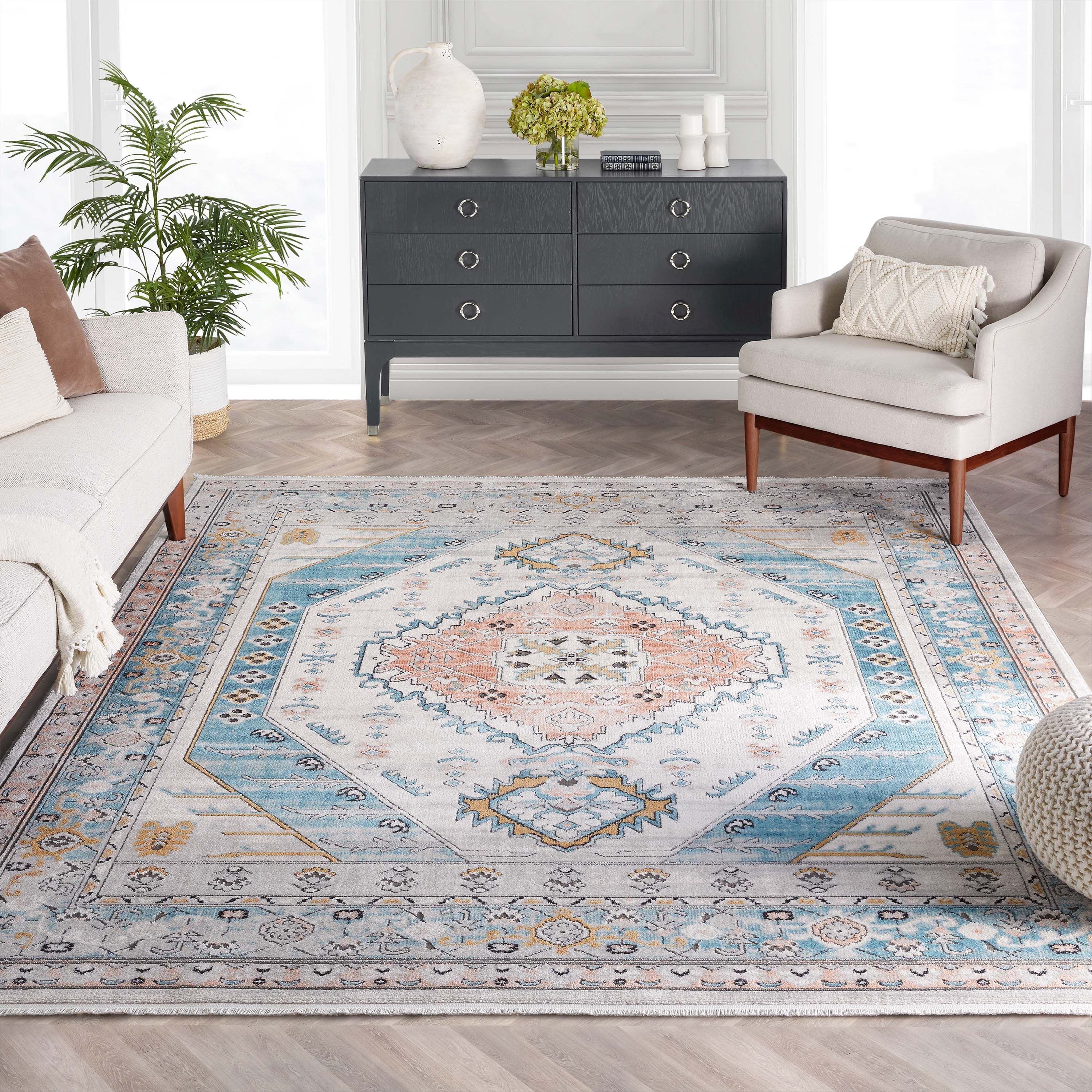 Jane Vintage b&ouml;hmischer aztekischer Tribal-Teppich in Blau