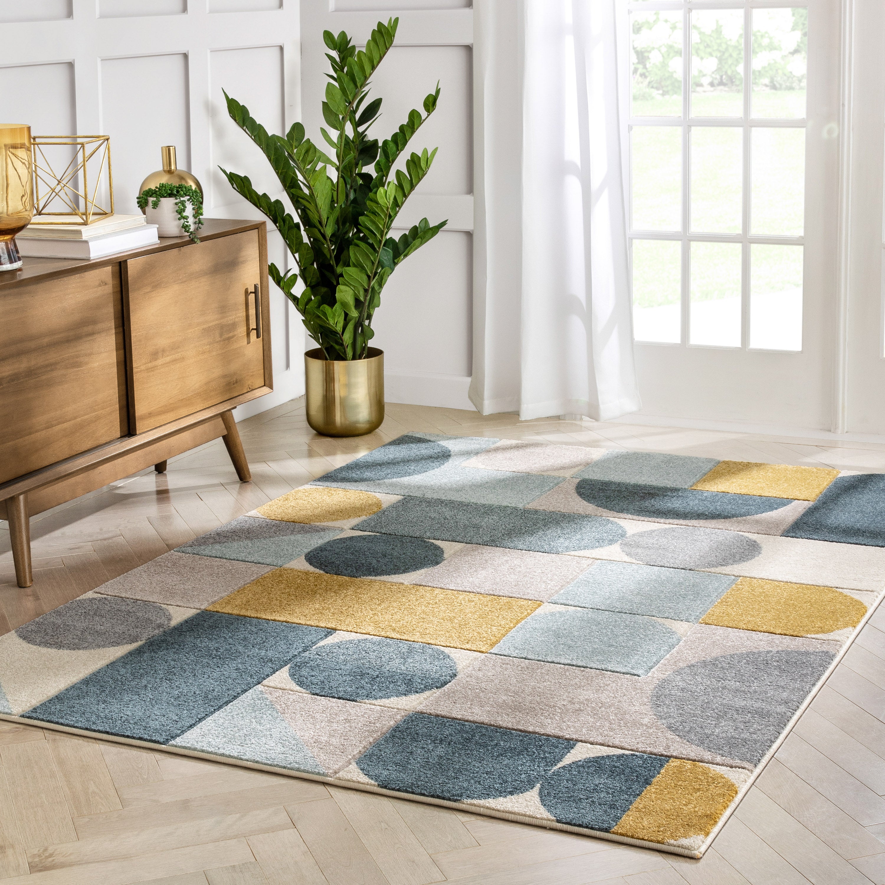 Dede Blauer Mid-Century Modern Teppich mit geometrischen Formen von Chill Rugs
