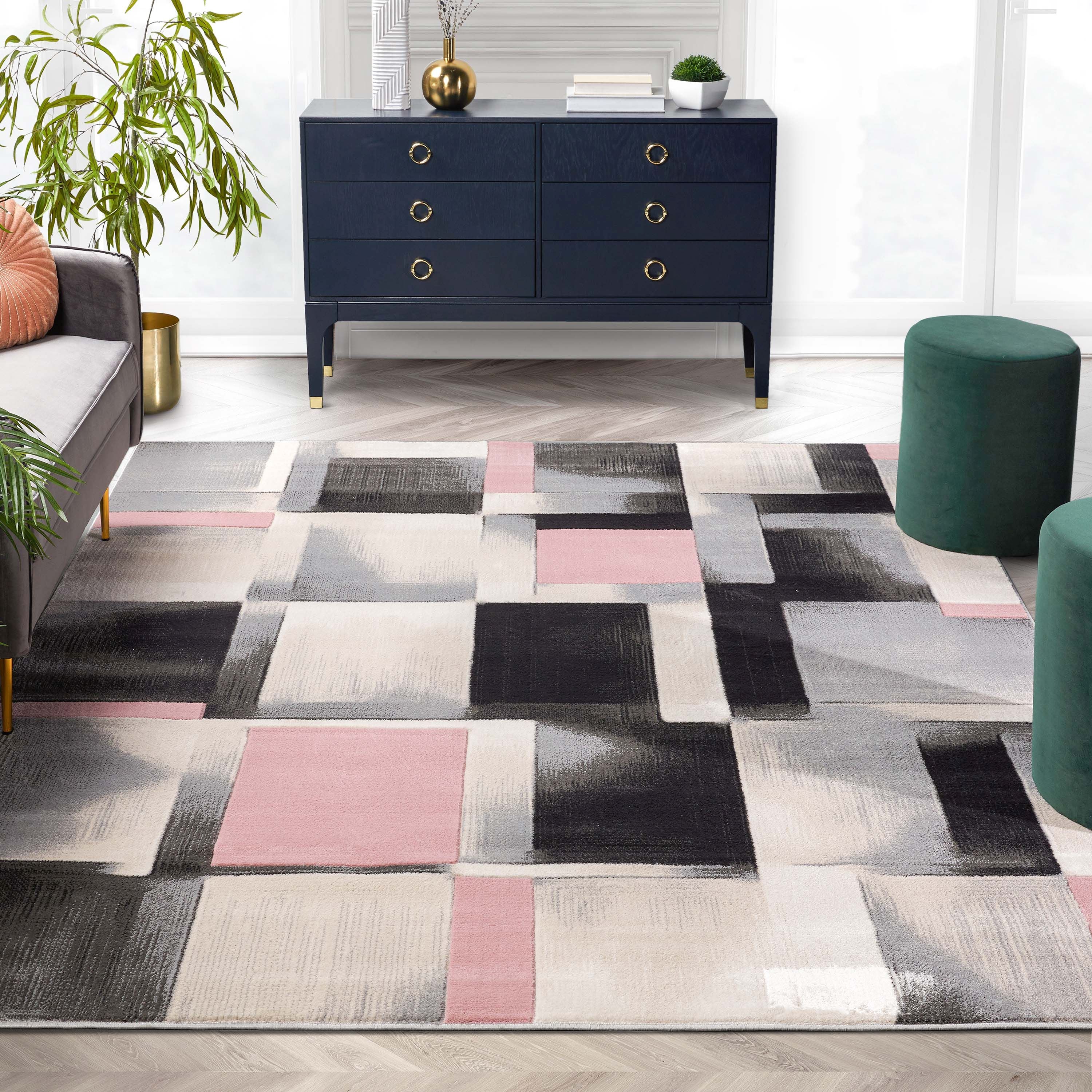 Louisa Blush Pink Moderner Teppich mit geometrischen Boxen und 3D-Struktur