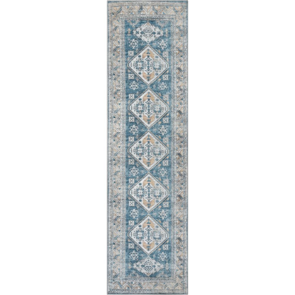 Habra Maschinenwaschbarer Vintage-Medaillon-orientalischer, hellblauer Flachgewebe-Teppich im Used-Look