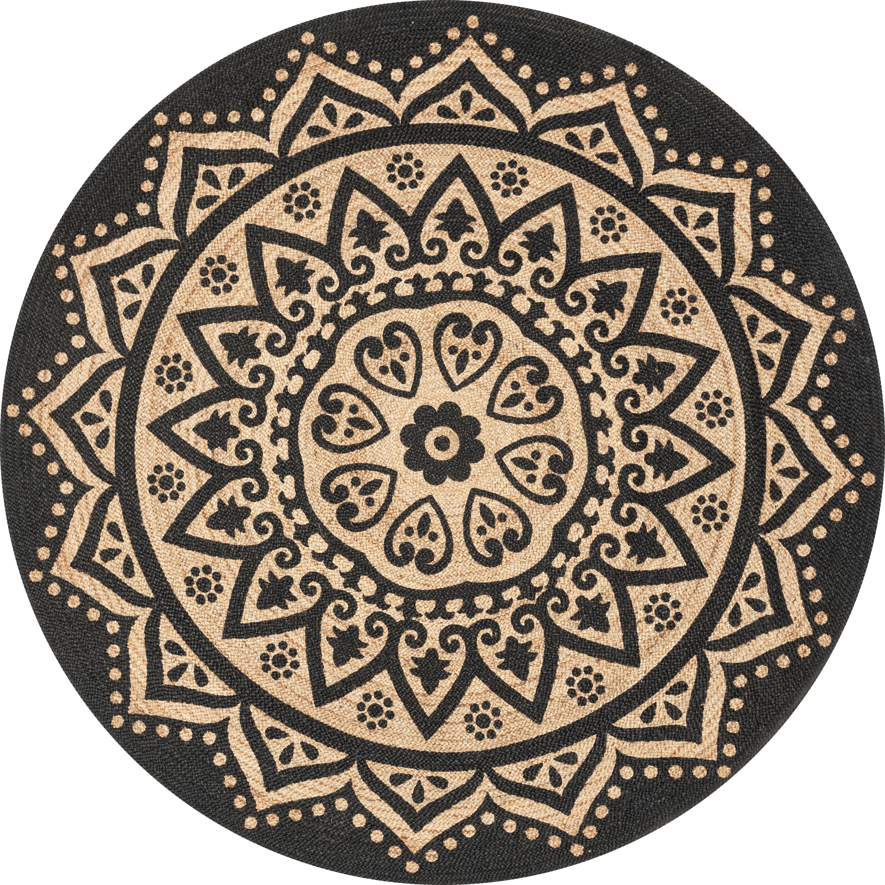 Kiera Bohemian Tribal handgeflochtener schwarzer Jute-Naturteppich
