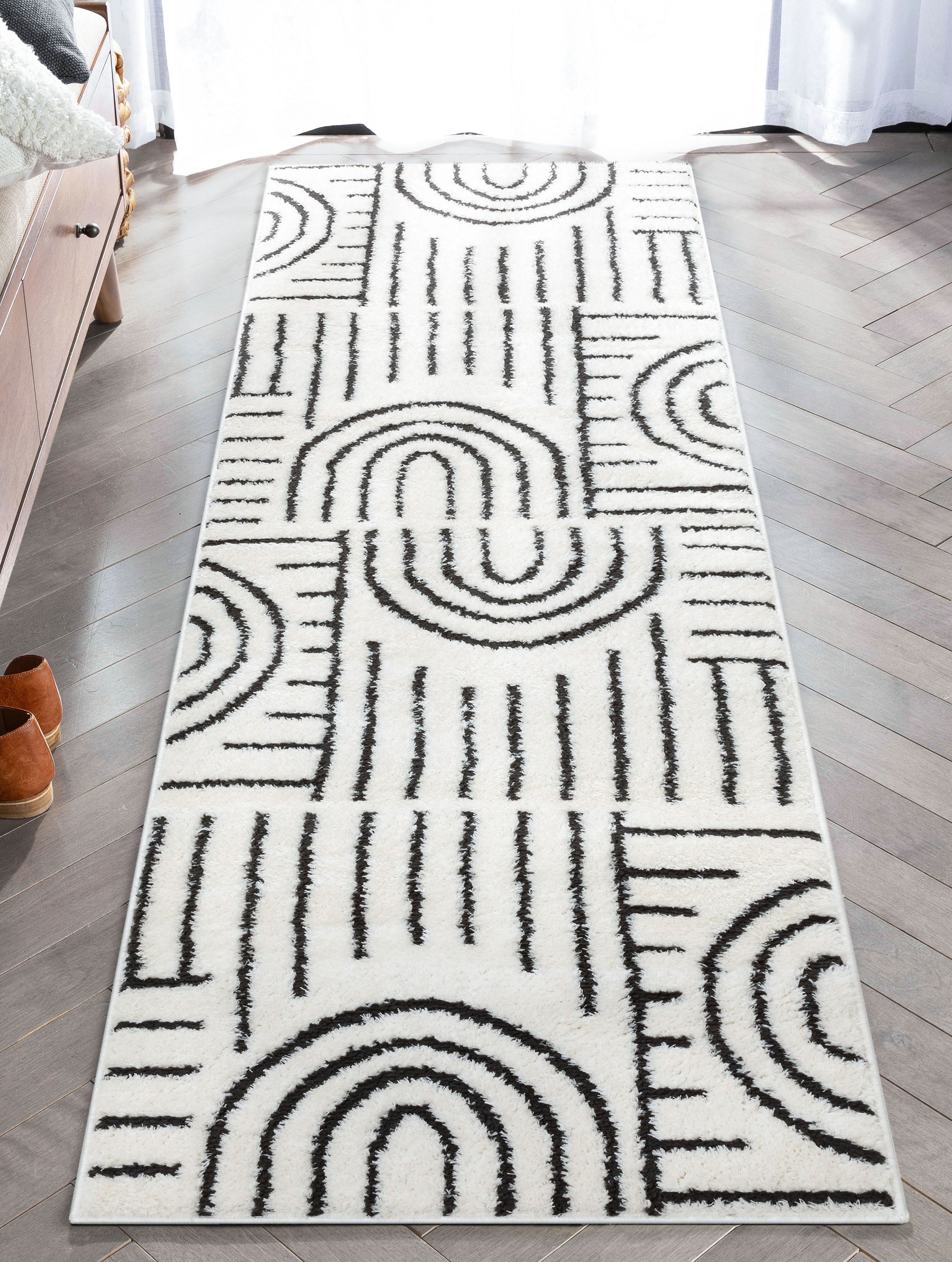 Boho Rainbow Shag Hoch-Tief-Teppich, geometrisch, elfenbeinfarben, schwarz