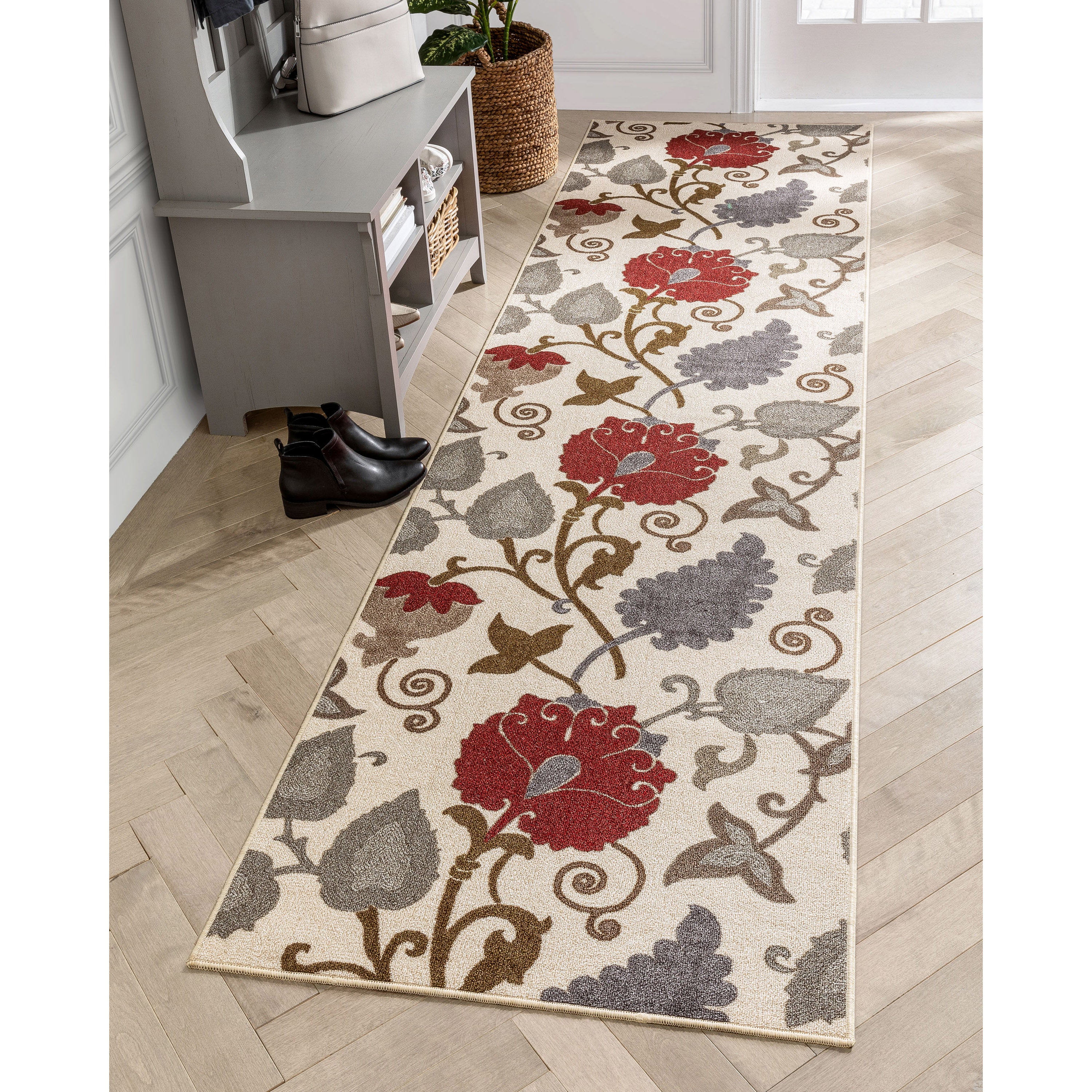 Lucy Transitional Botanical Floral Elfenbeinroter, rutschfester, maschinenwaschbarer Teppich mit niedrigem Flor f&uuml;r drinnen und drau&szlig;en