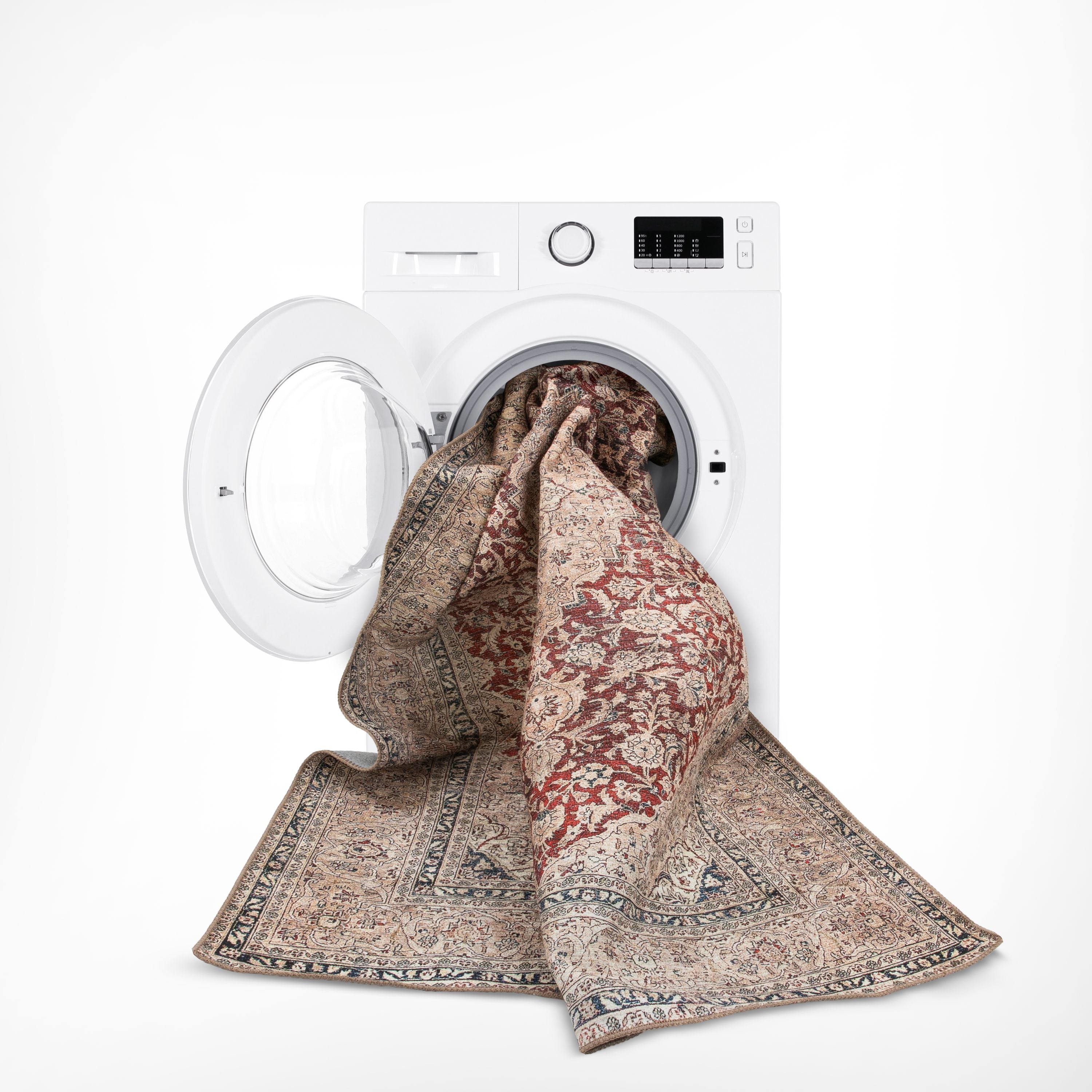 Tonti Maschinenwaschbarer Vintage-Medaillon-Teppich in orientalischem Rot mit flachem Webmuster im Used-Look