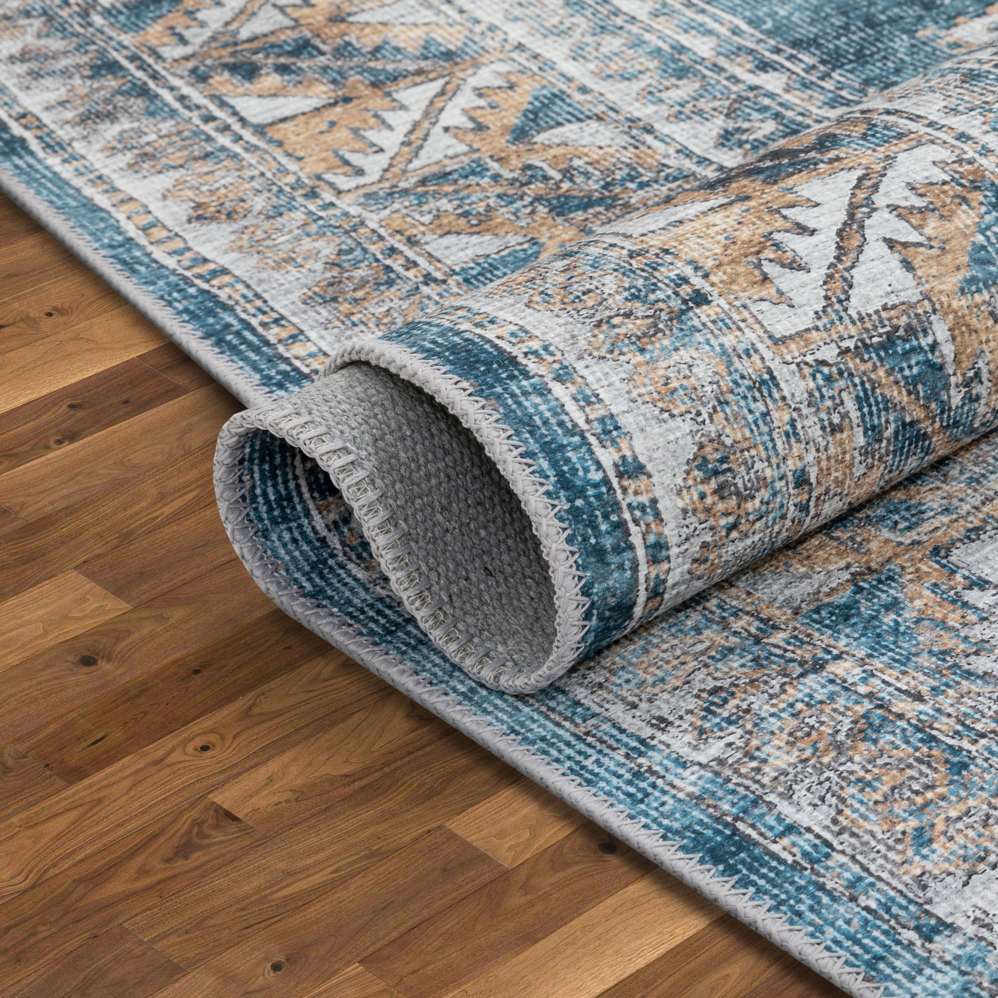 Habra Maschinenwaschbarer Vintage-Medaillon-orientalischer, hellblauer Flachgewebe-Teppich im Used-Look