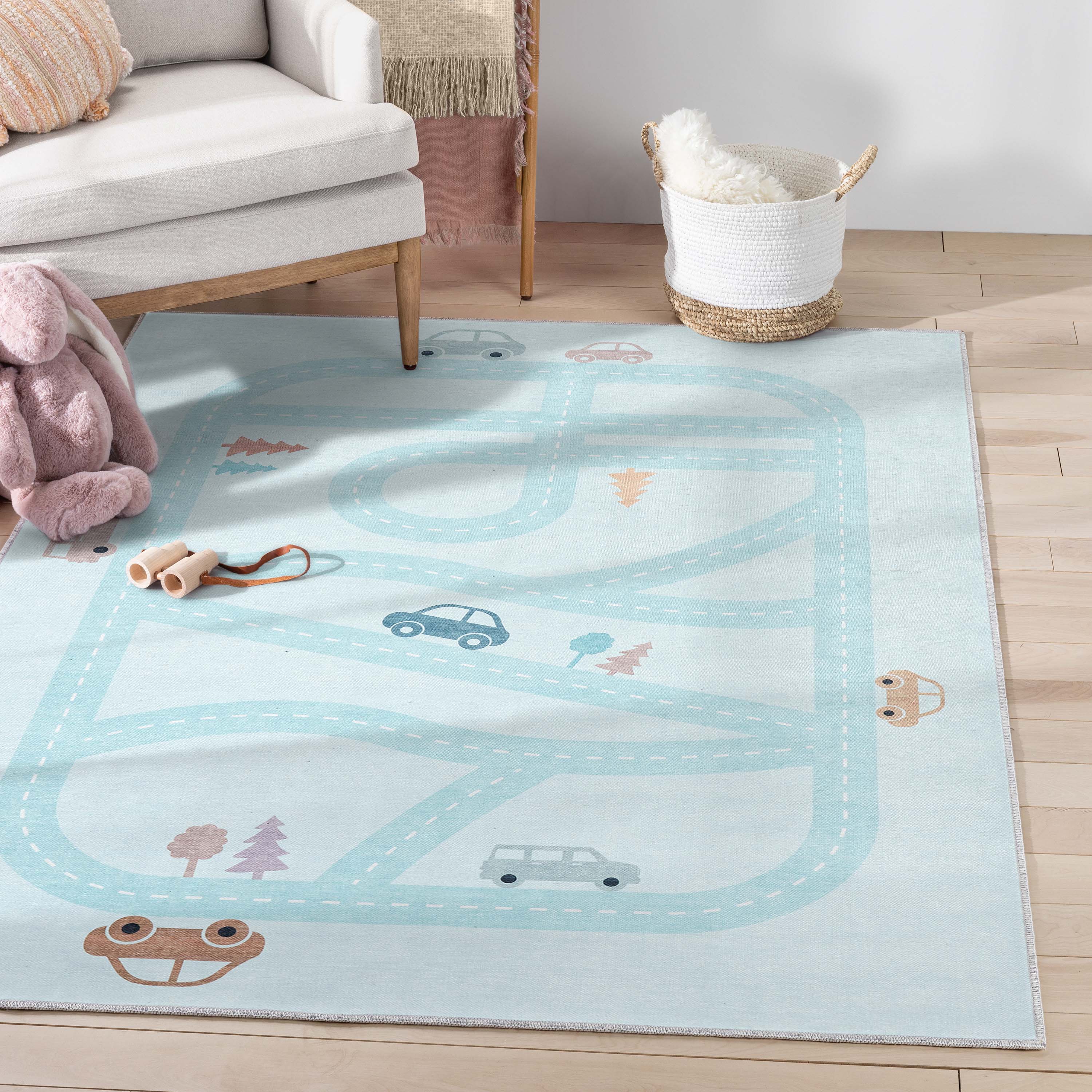 Moderner Flachgewebe-Teppich Playful Roads in Blau