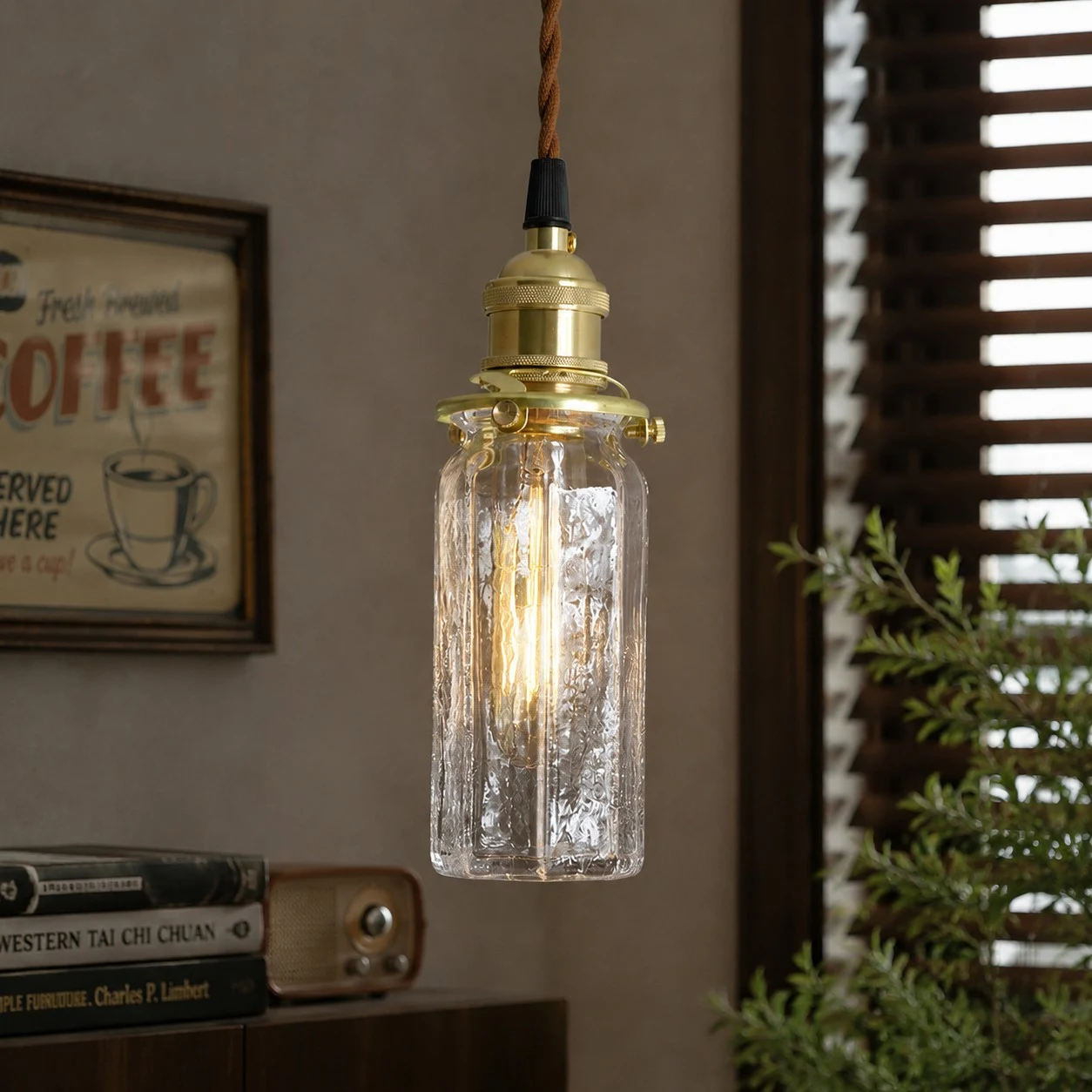 Luminária pendente perto de uma janela e plantas.
