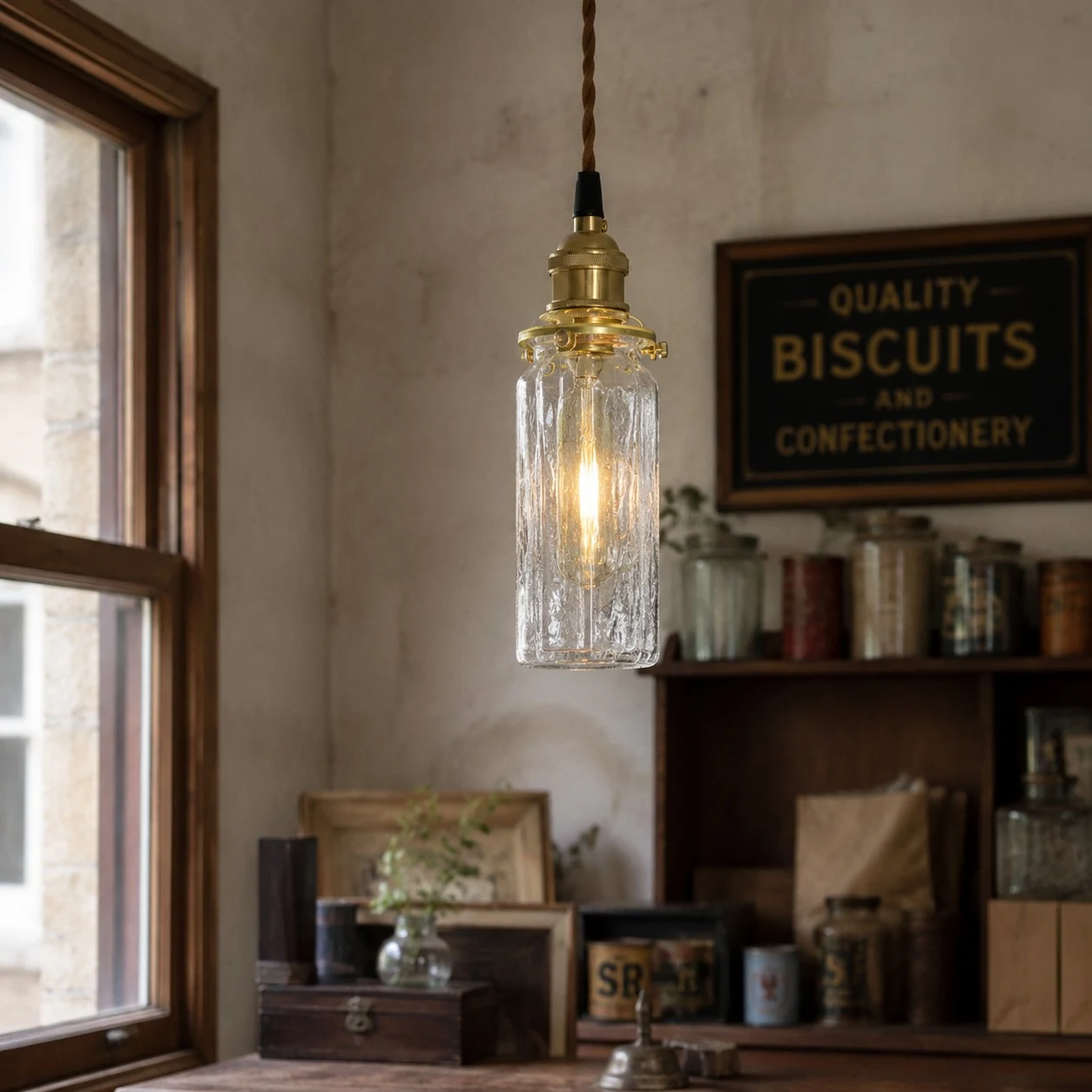 Luminária pendente perto de um armário em um quarto vintage.