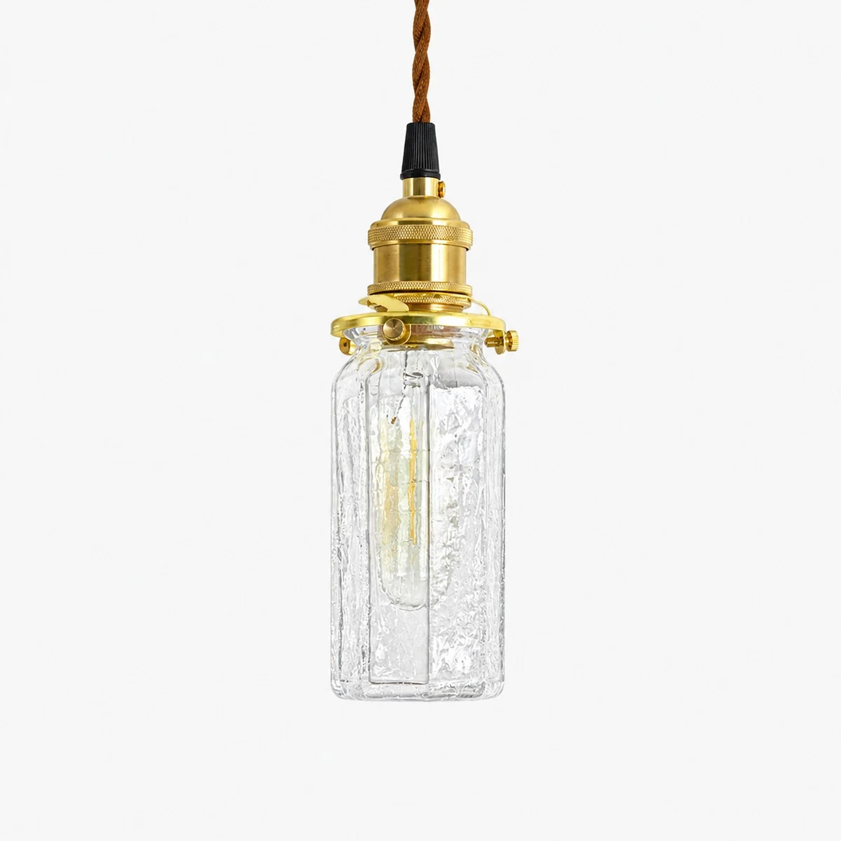 Luminária pendente de vidro transparente craquelado sobre fundo cinza (SKU)