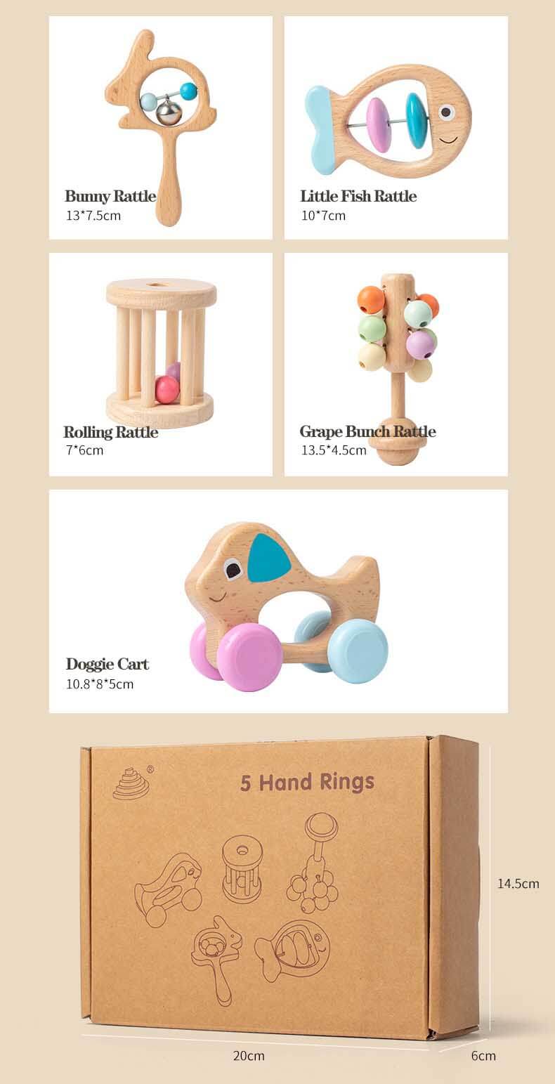 Wooden Colorful Hand Rattles Set for Newborns, Crawling Babies and Walking Toddlers | Shinymarch