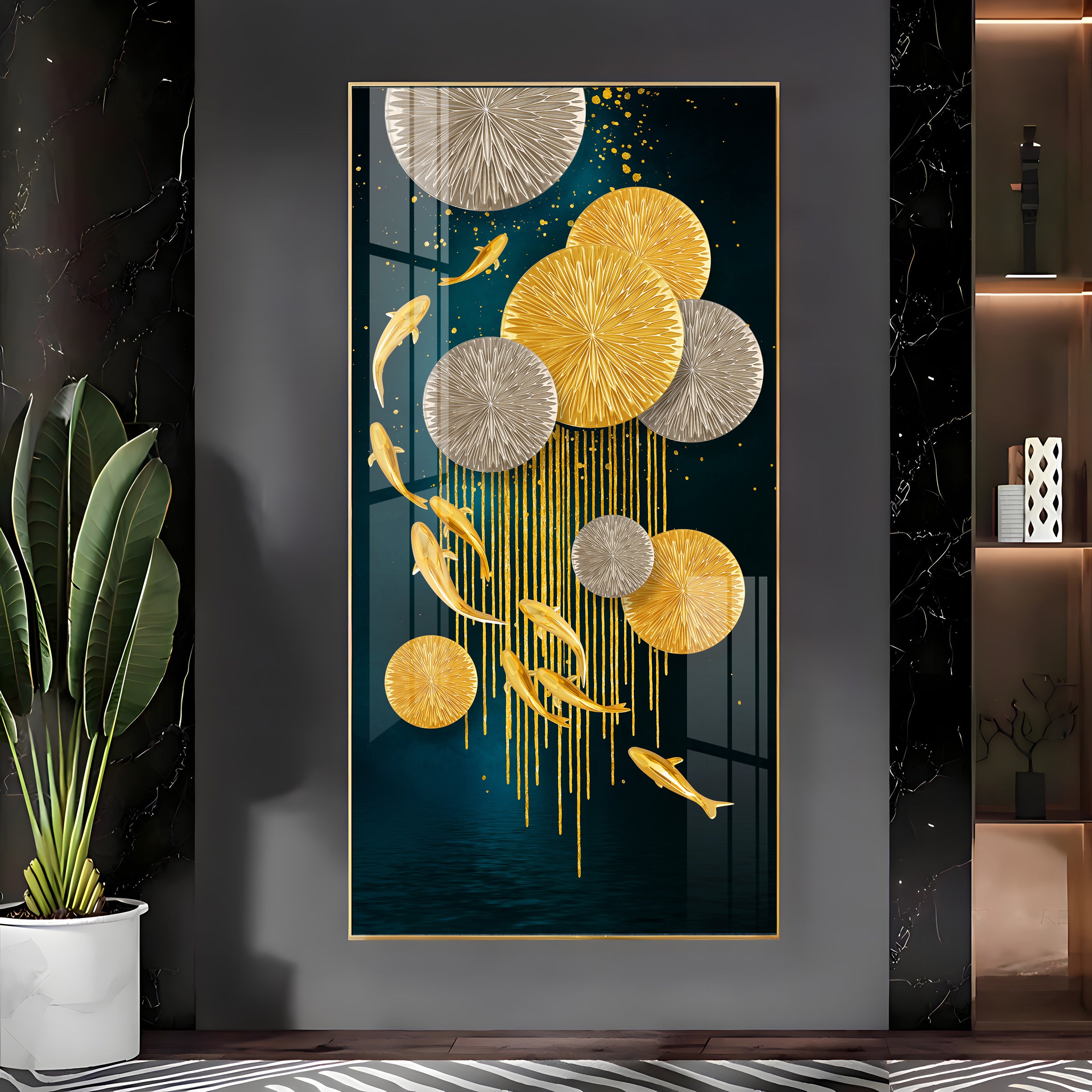 Golden Fish With Lotus Premium Acrylic Wall Art