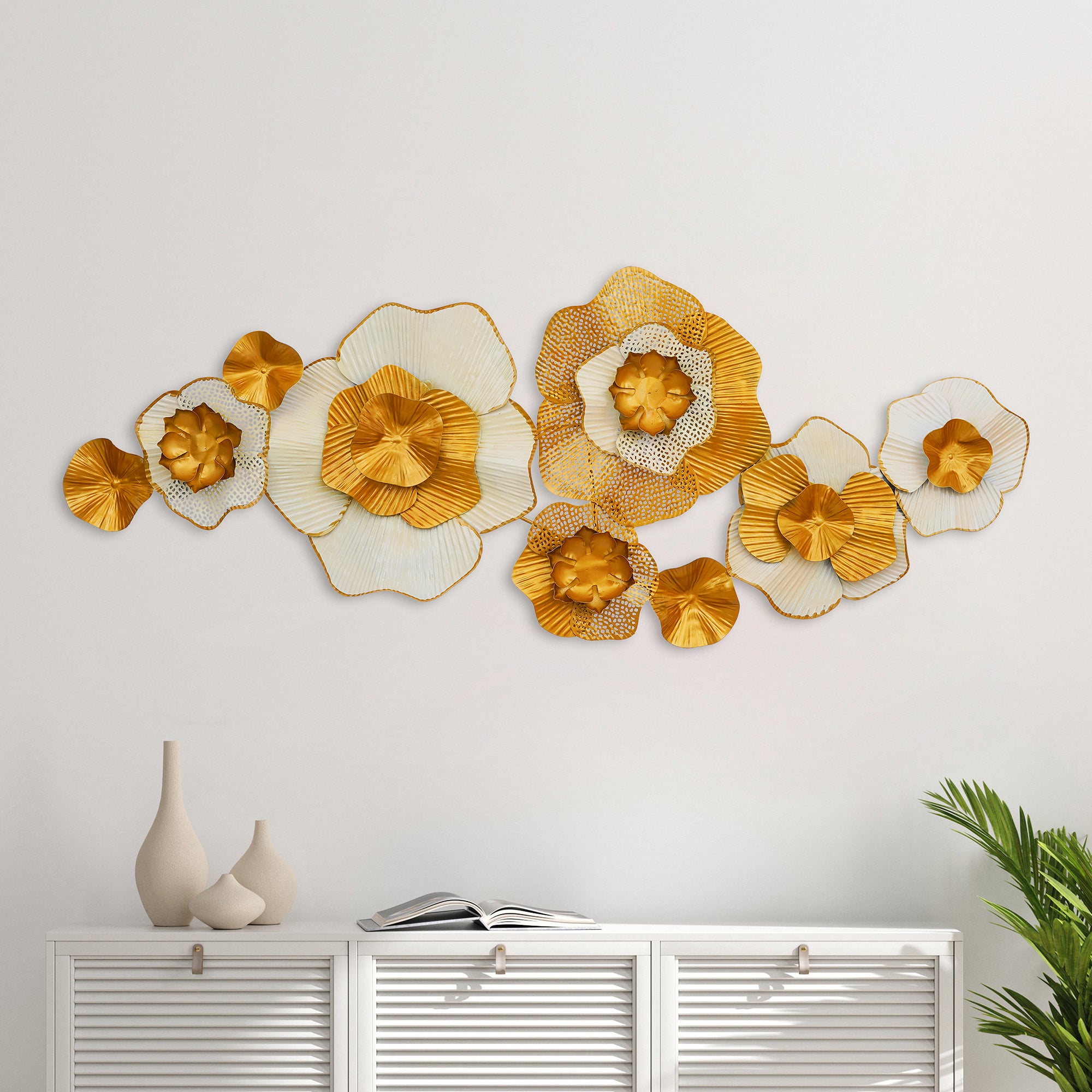 Exquisite White & Golden Floral Metal Wall Art