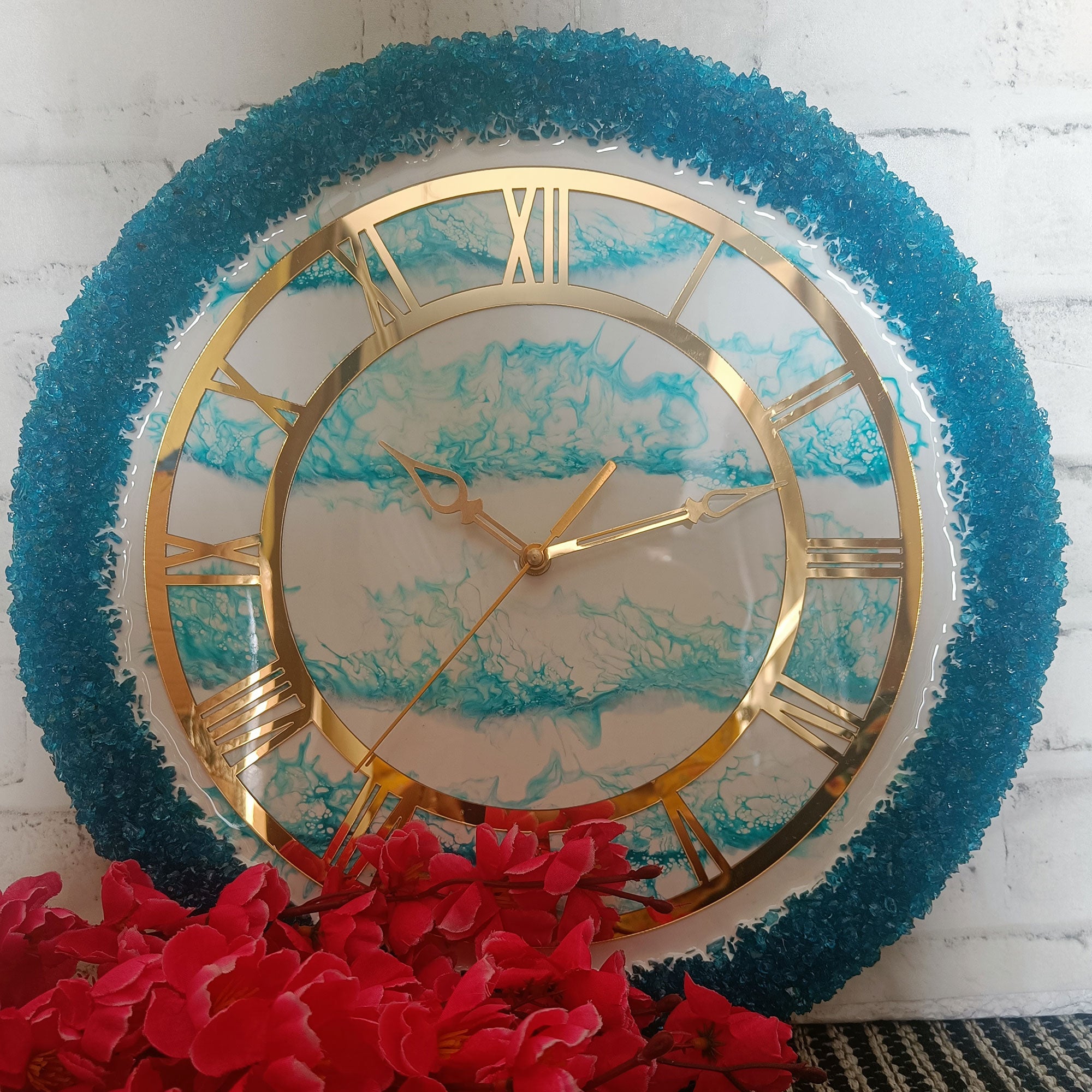 Ultimate White and Green Line with Green Stone Epoxy Resin Wall Clock
