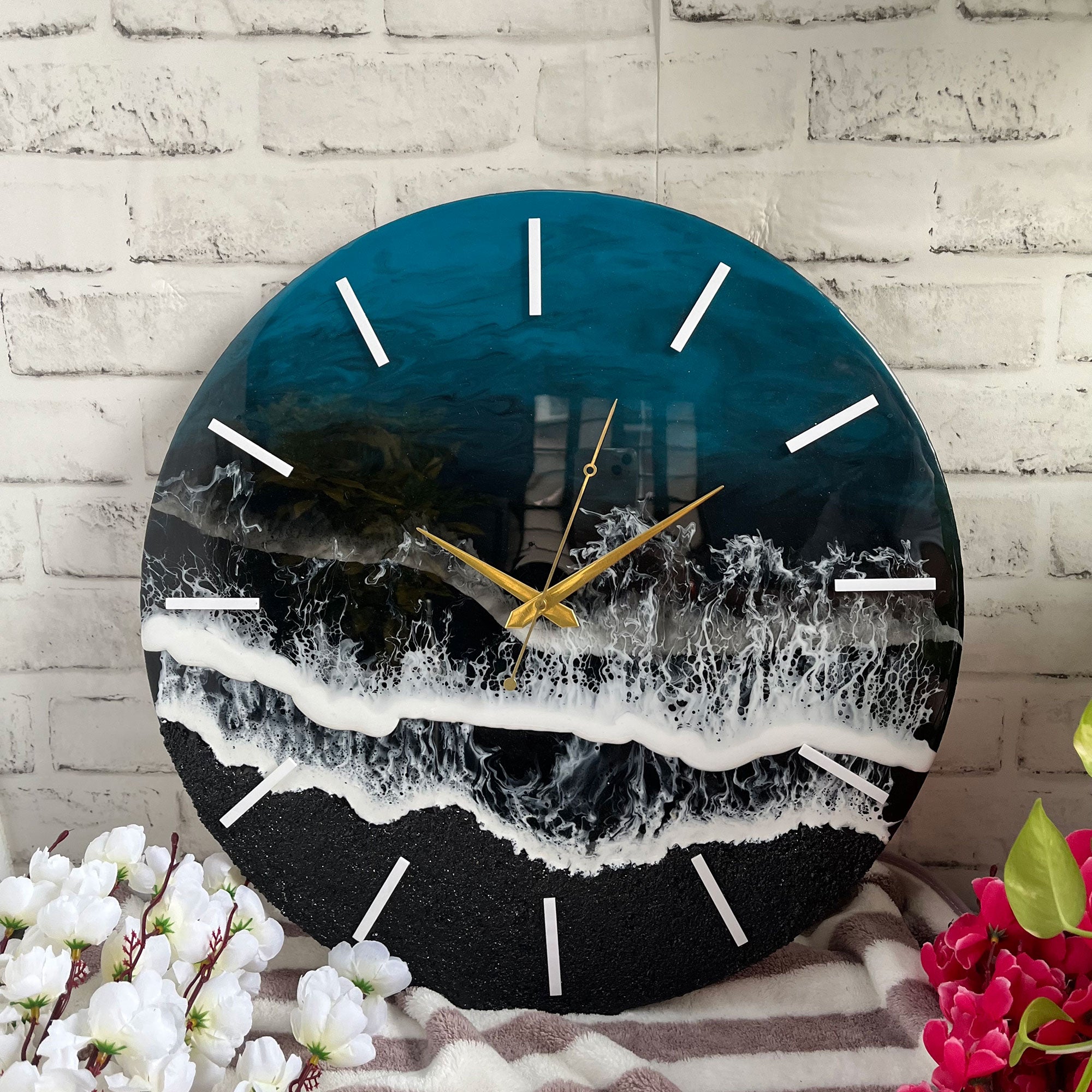 Black & Blue Ocean Waves Epoxy Resin Wall Clock