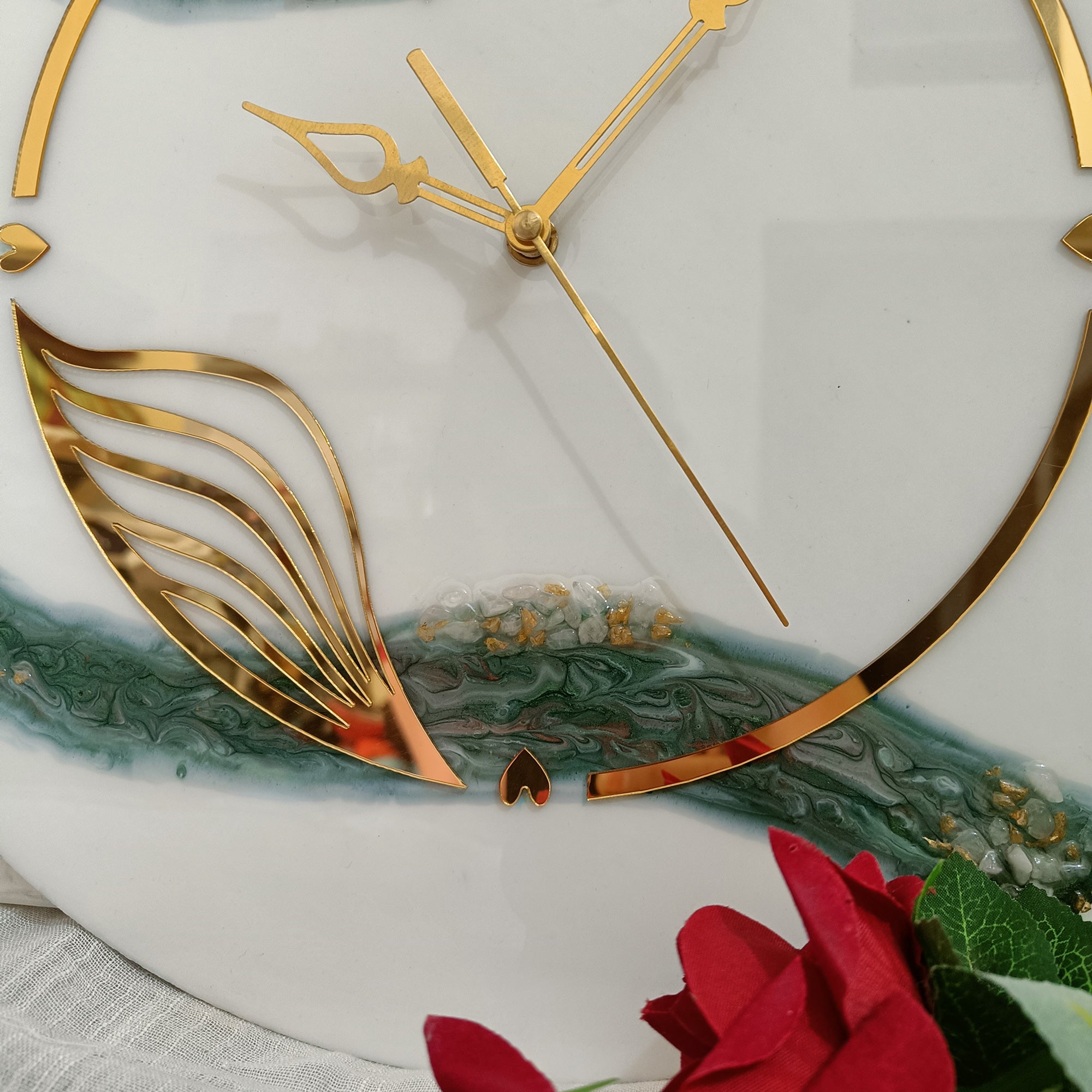 Green White With Stone Epoxy Resin Wall Clock