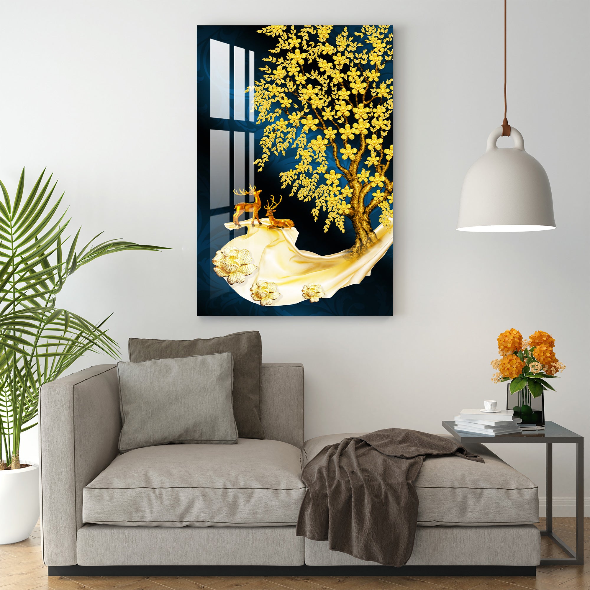 Forest Scene acrylic artwork with yellow tree detail above a sofa