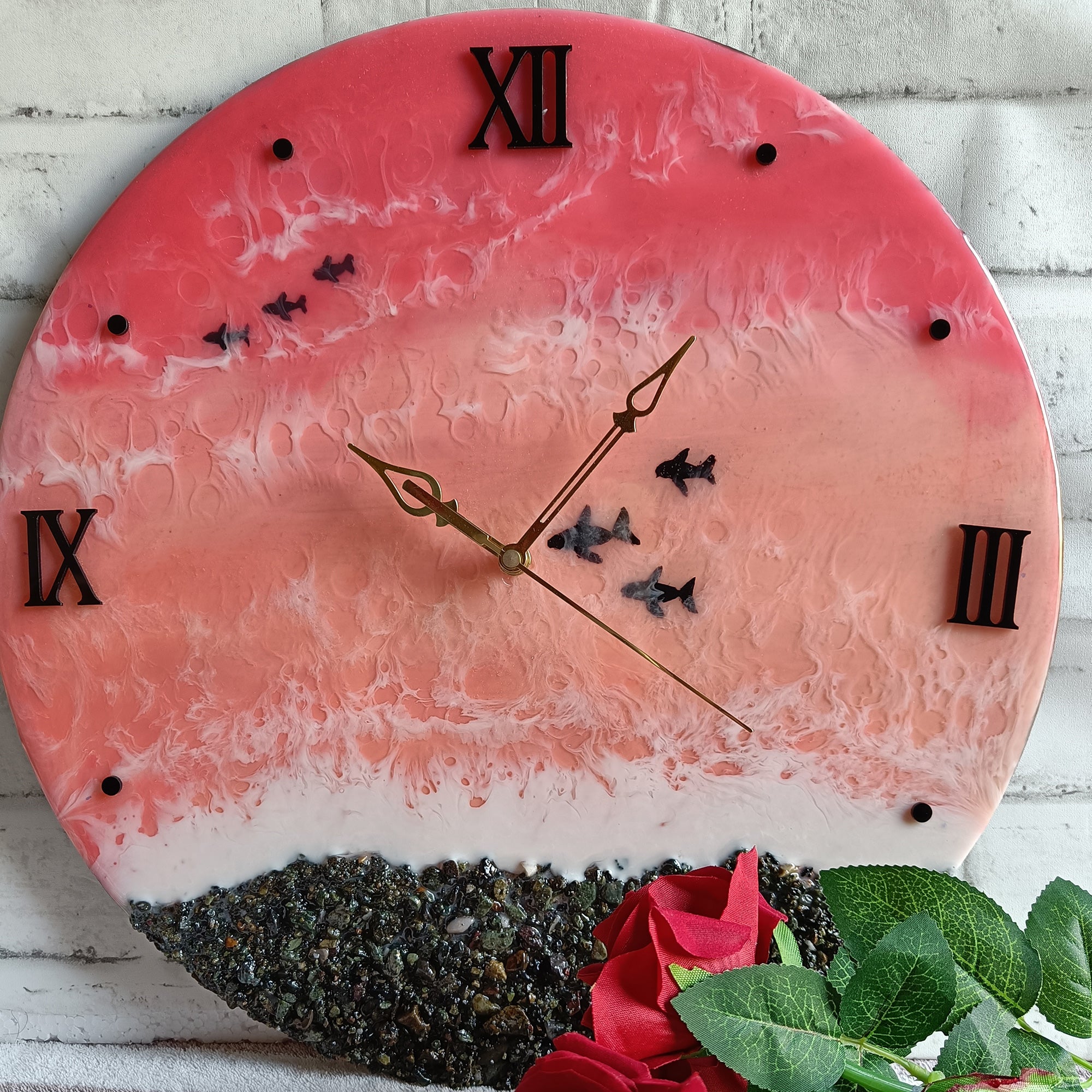 Pink Sea With Fish Epoxy Resin Wall Clock