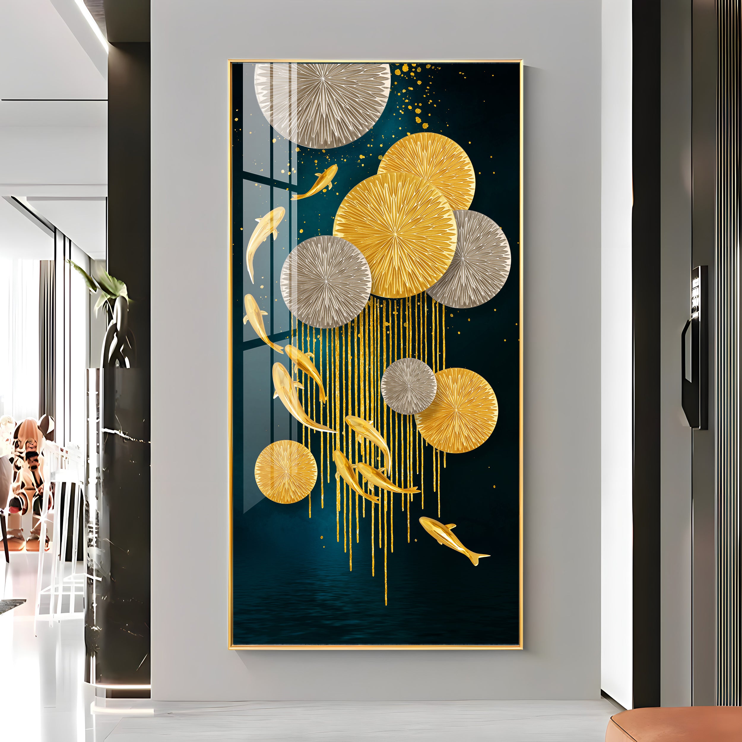Golden Fish With Lotus Premium Acrylic Wall Art