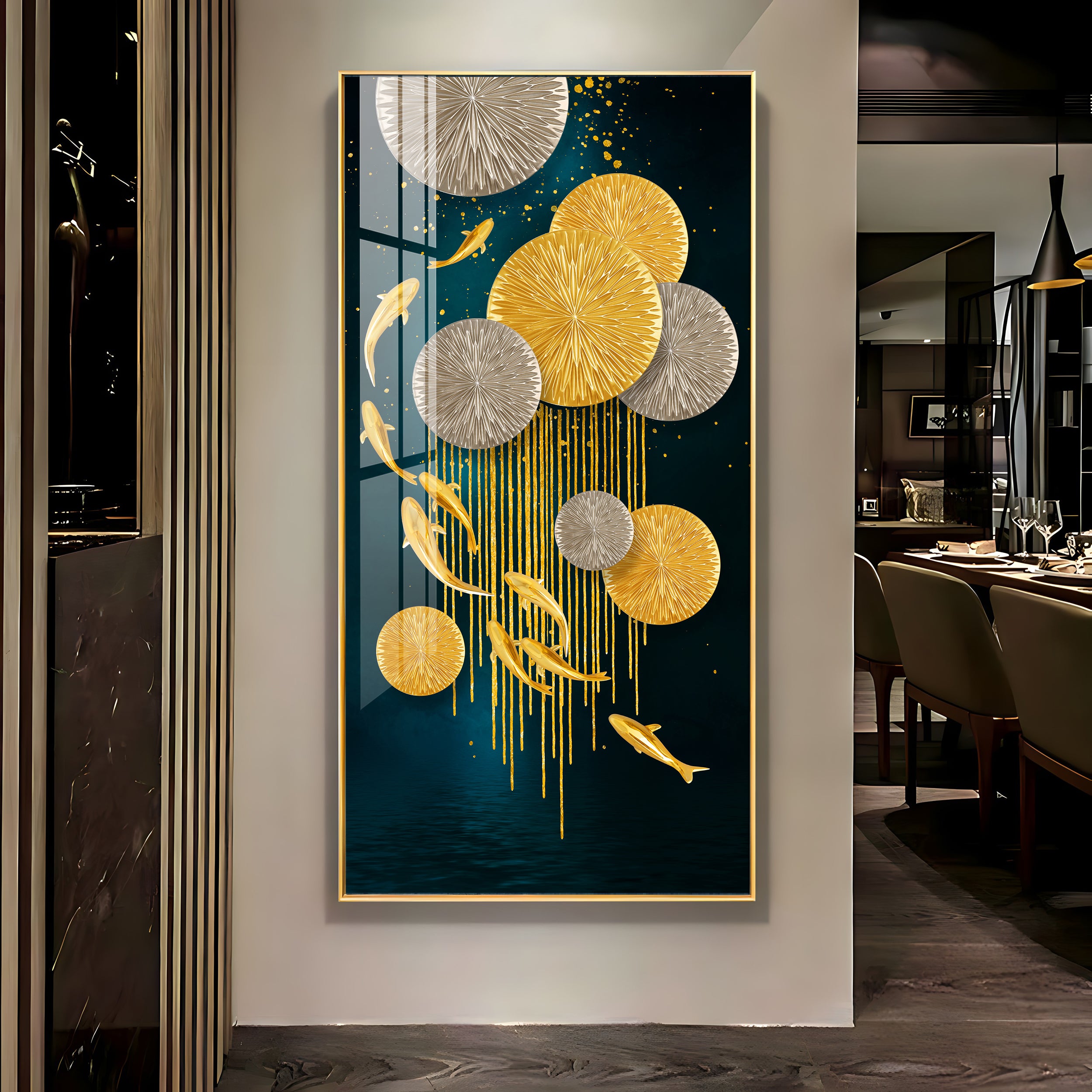 Golden Fish With Lotus Premium Acrylic Wall Art