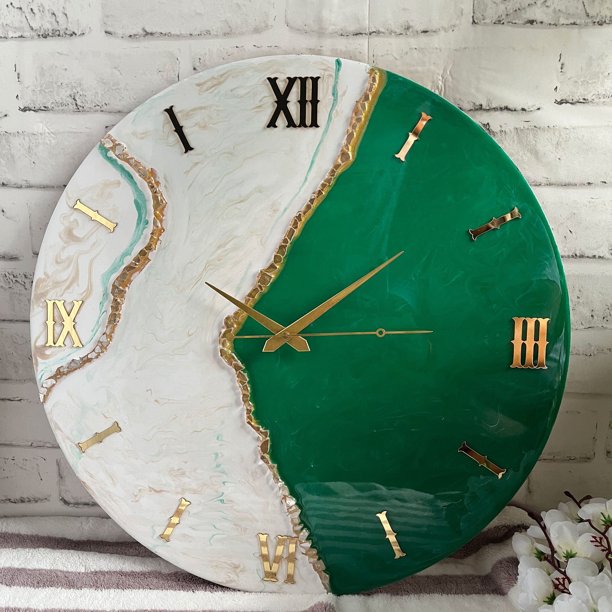 Ultimate Green & White Epoxy Resin Wall Clock