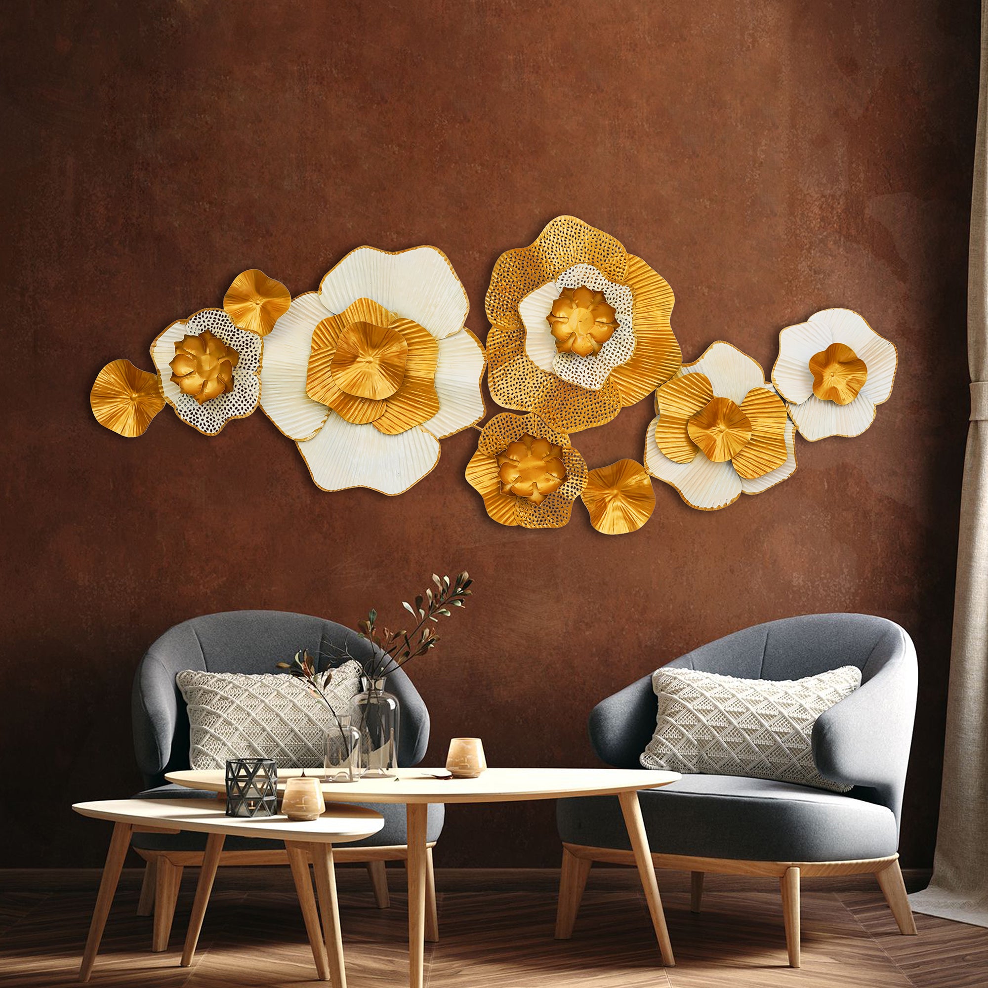 Exquisite White & Golden Floral Metal Wall Art