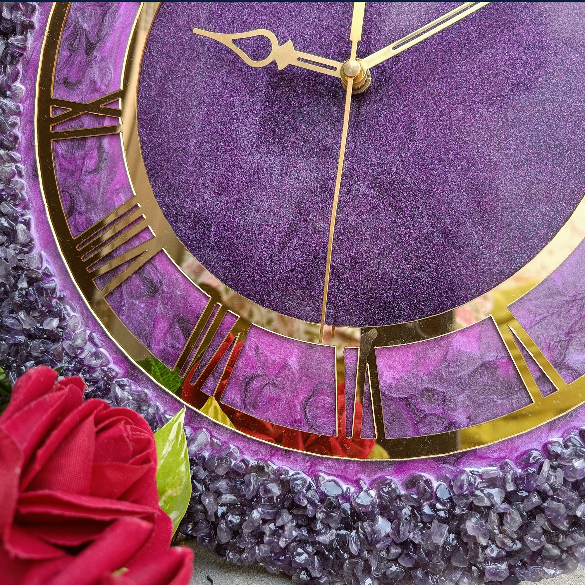 Ultimate Purple With Amethyst Agate Stone Epoxy Resin Wall Clock