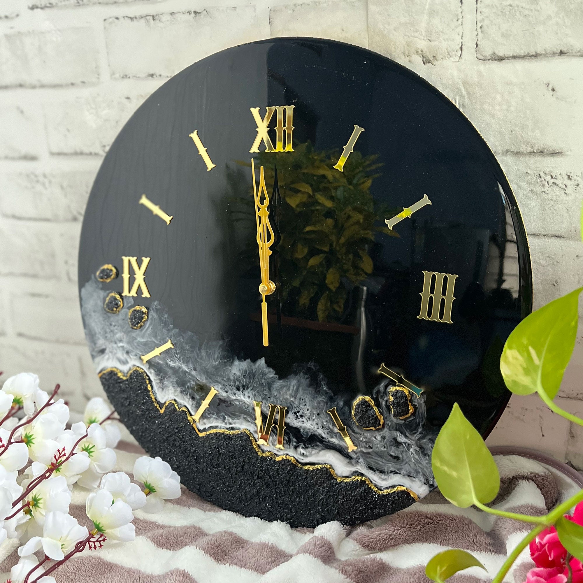 Dark Black Glitter Epoxy Resin Wall Clock