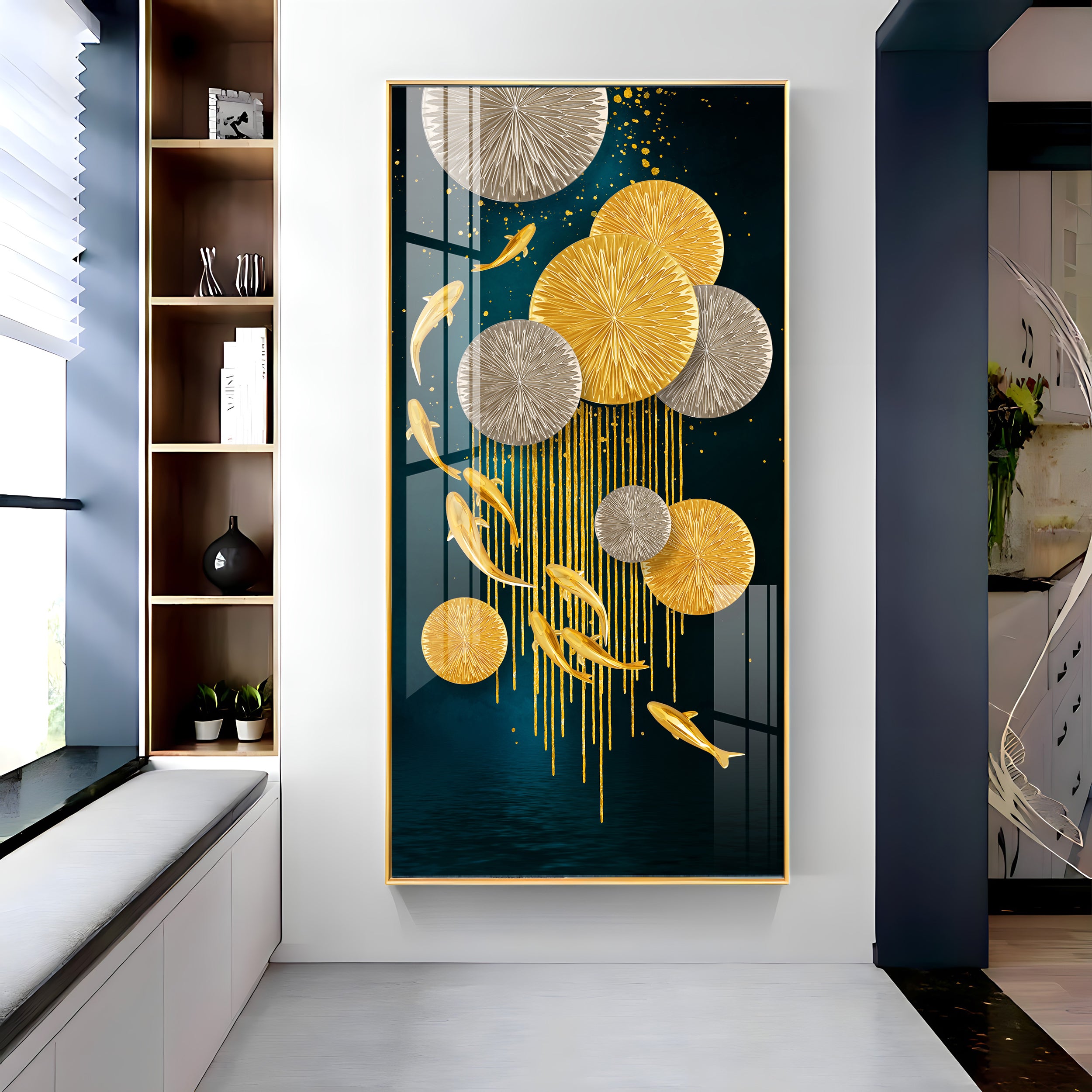 Golden Fish With Lotus Premium Acrylic Wall Art