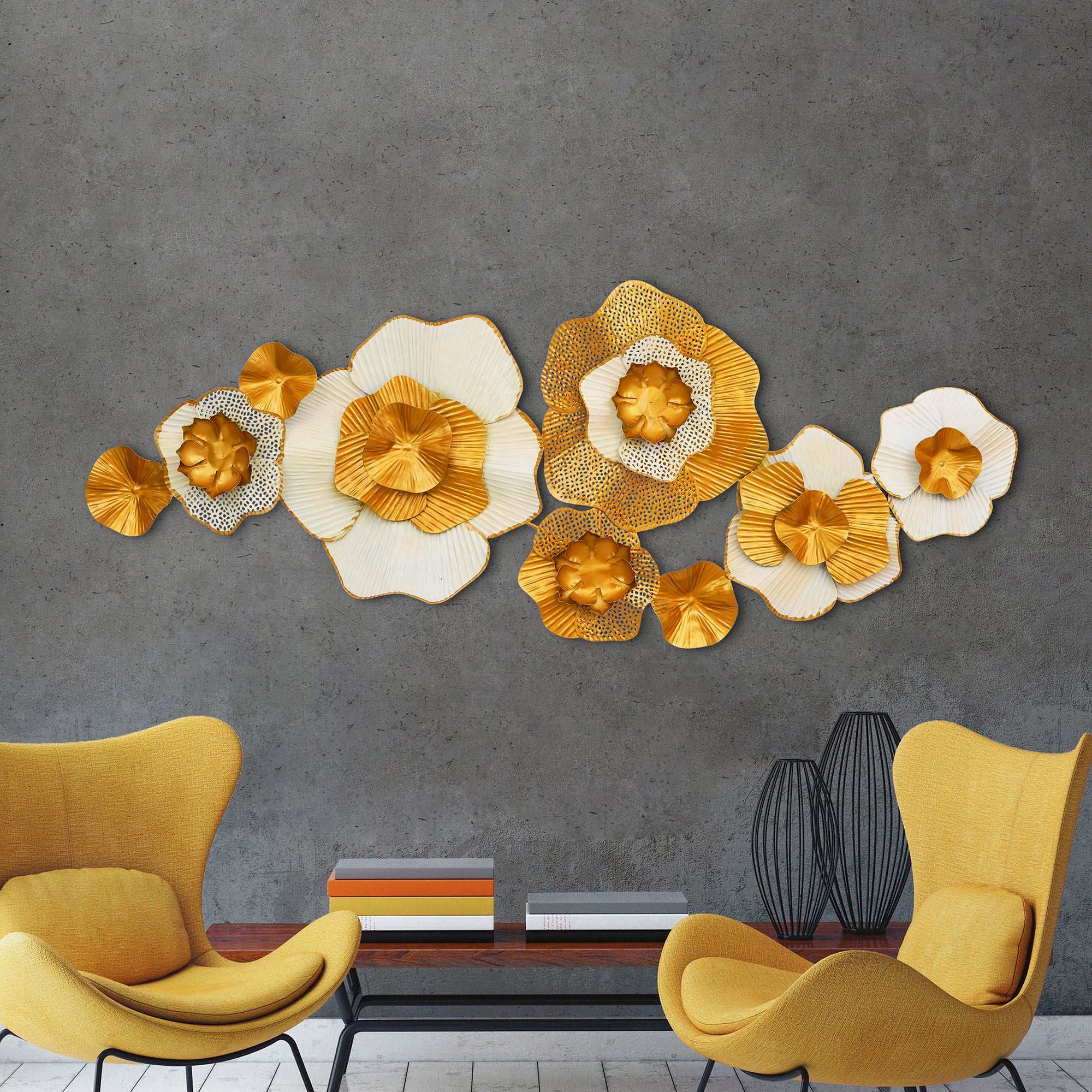 Exquisite White & Golden Floral Metal Wall Art