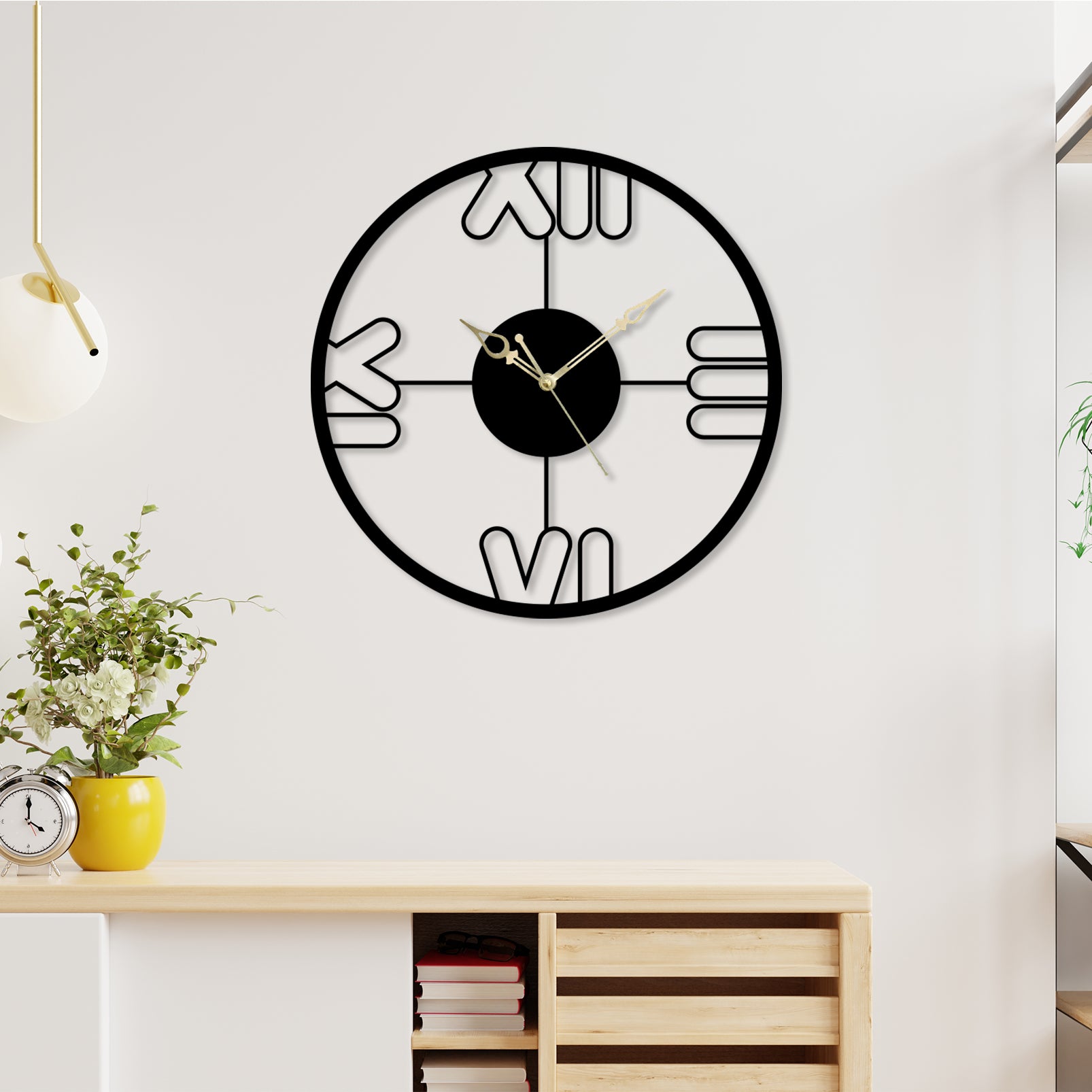 Round black metal wall clock with large outlined Roman numerals