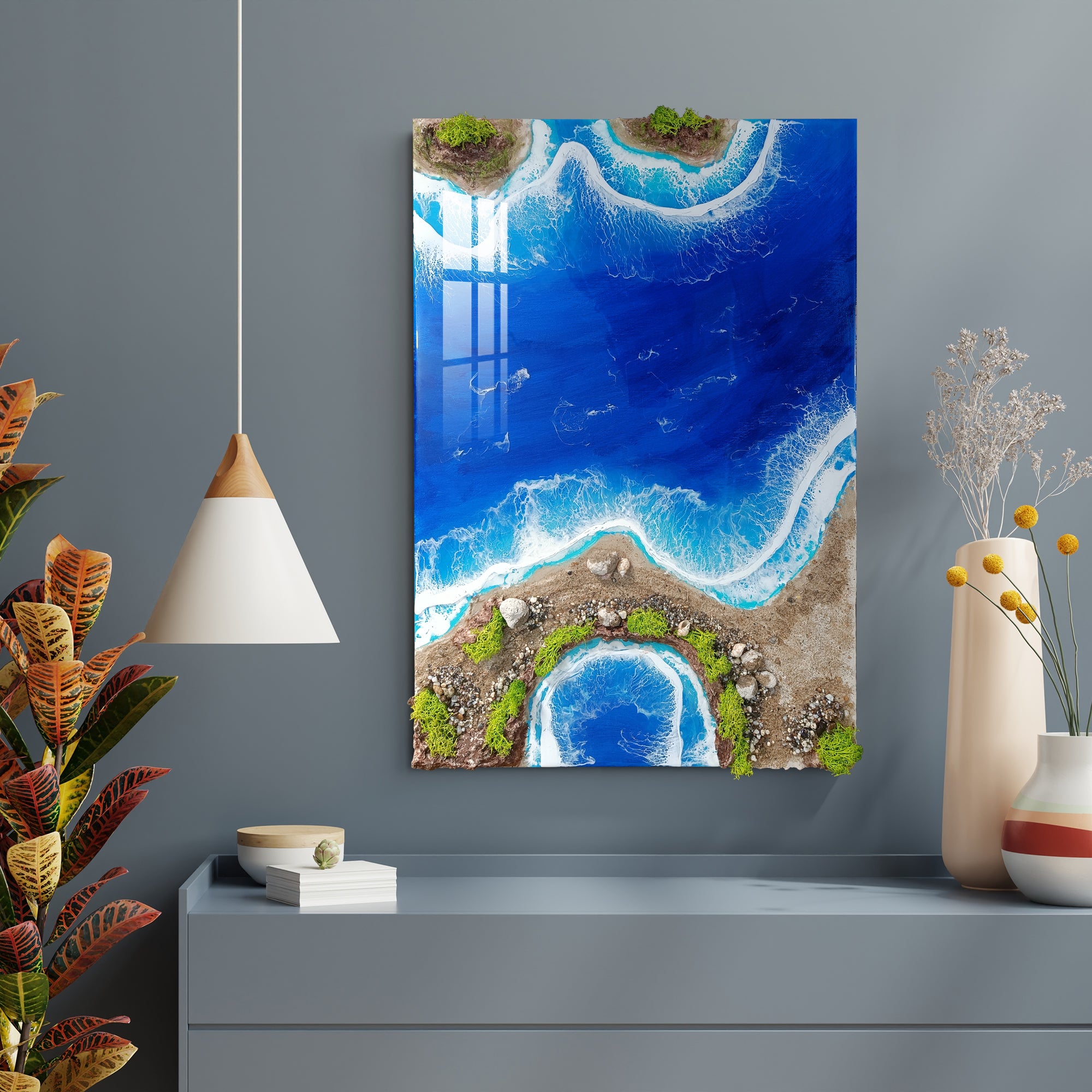 Blue Ocean Waves resin wall artwork displayed above a cabinet