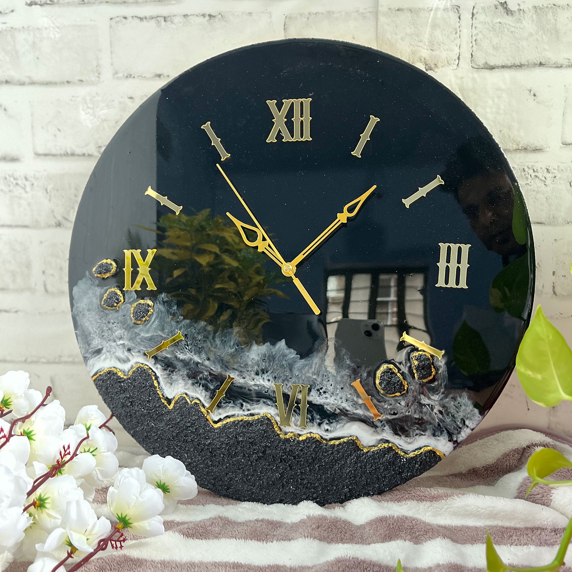 Dark Black Glitter Epoxy Resin Wall Clock