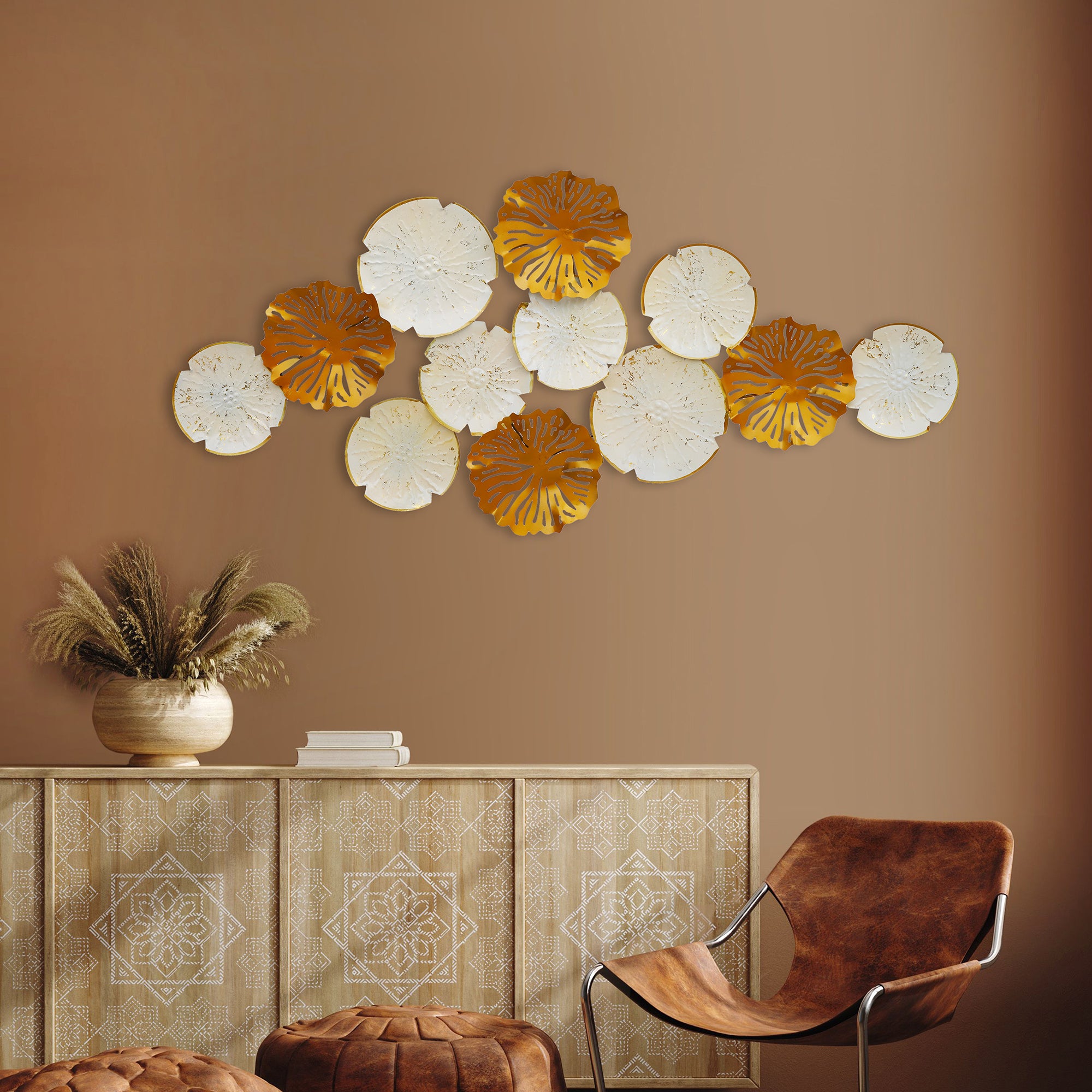 Elegant Golden & White Floral Metal Wall Art